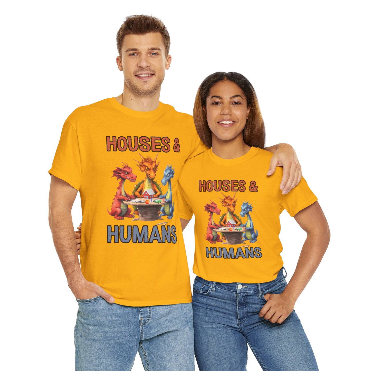 Funny 'Houses & Humans' Unisex Dragon Graphic Tee | Cute Fantasy Shirt for Fans | Gifts for Gamers, D&D, DND, RPG, TTRPG, Roleplaying, Geek, Nerd, D20