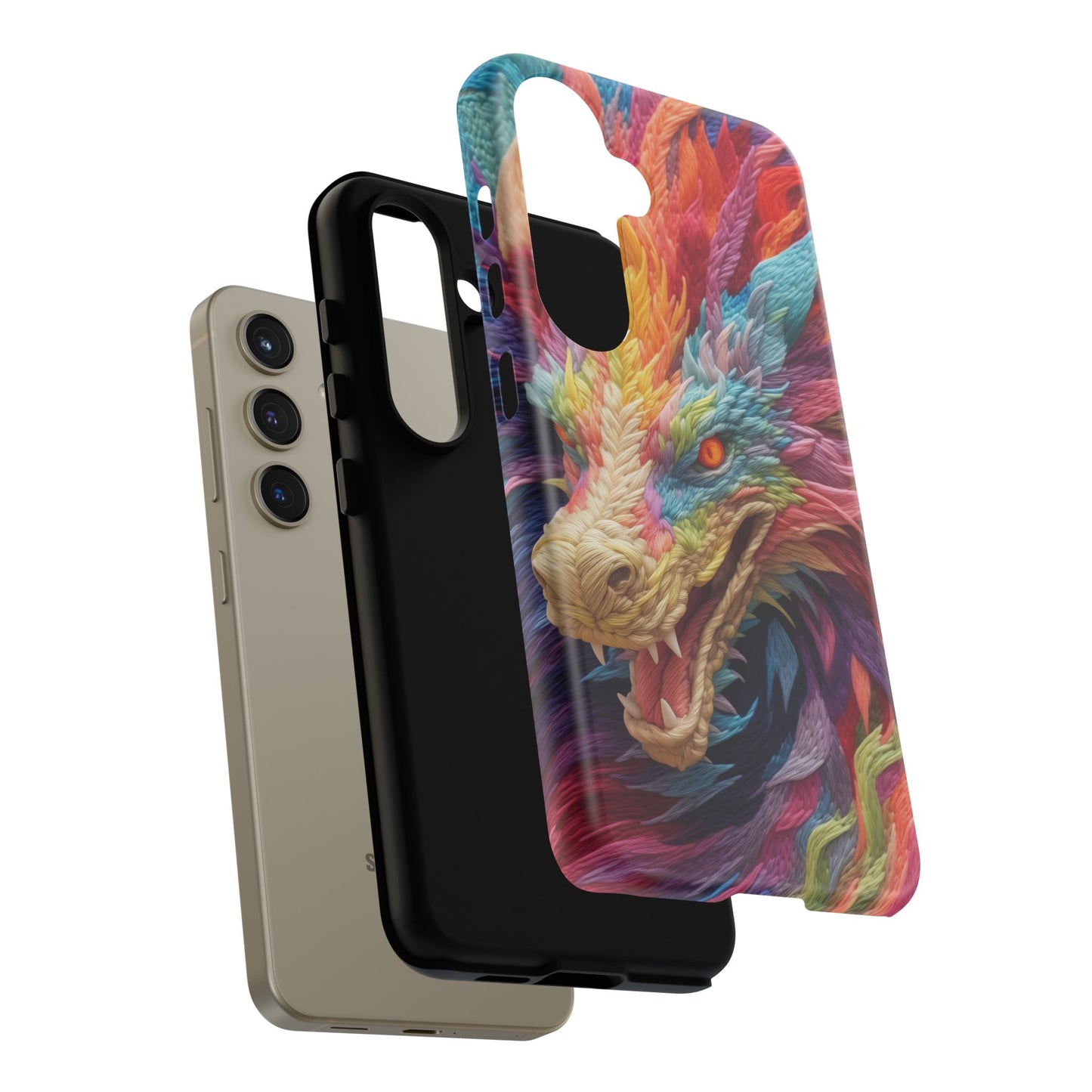 Vibrant 3D Embroidery Embroidered Rainbow Dragon Phone Case - Tough Protection for Fantasy Lovers, DND, RPG, TTRPG, Geek, Nerd