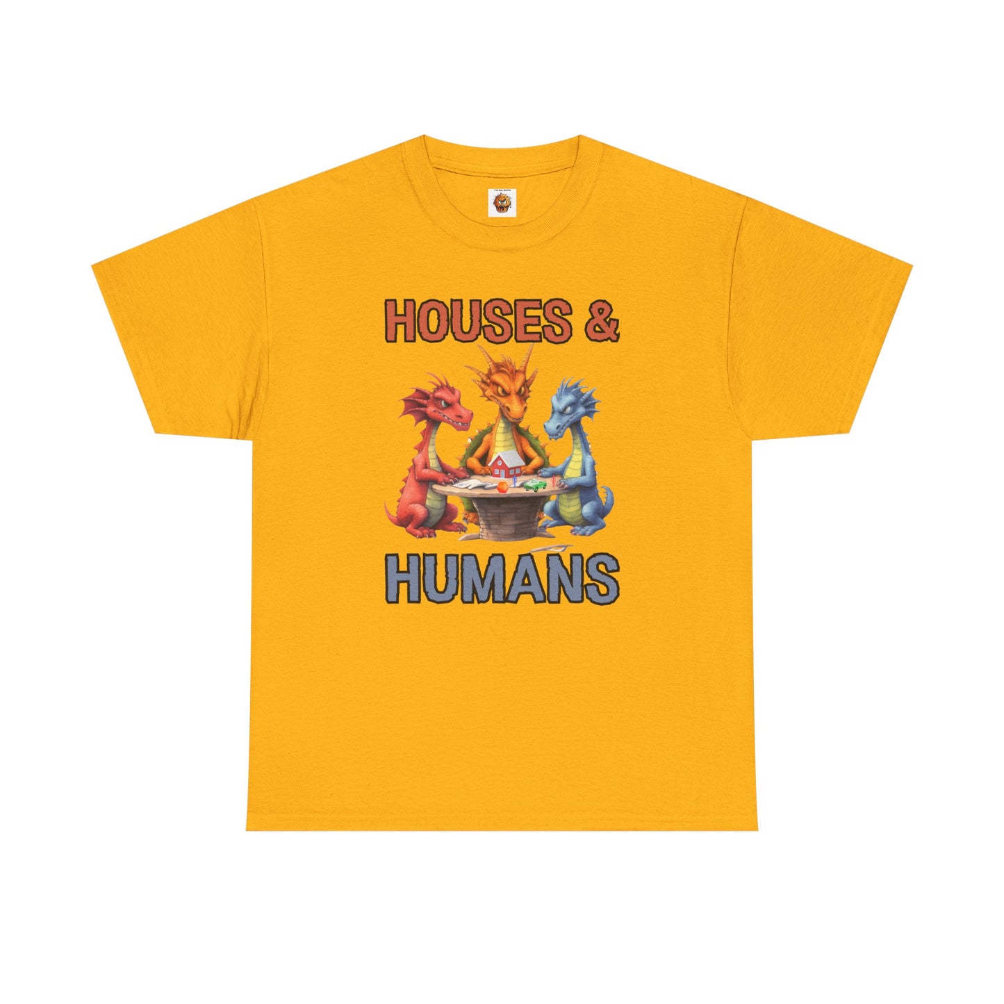Funny 'Houses & Humans' Unisex Dragon Graphic Tee | Cute Fantasy Shirt for Fans | Gifts for Gamers, D&D, DND, RPG, TTRPG, Roleplaying, Geek, Nerd, D20