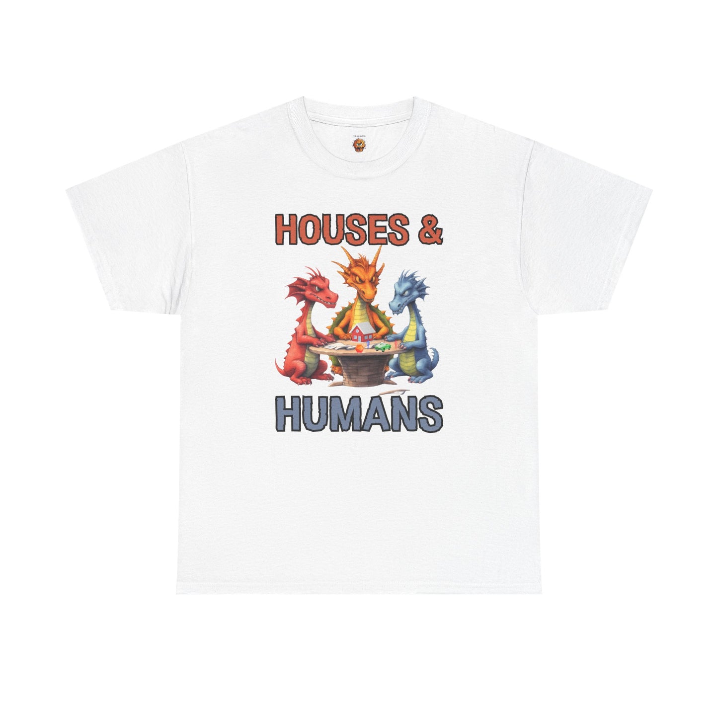 Funny 'Houses & Humans' Unisex Dragon Graphic Tee | Cute Fantasy Shirt for Fans | Gifts for Gamers, D&D, DND, RPG, TTRPG, Roleplaying, Geek, Nerd, D20