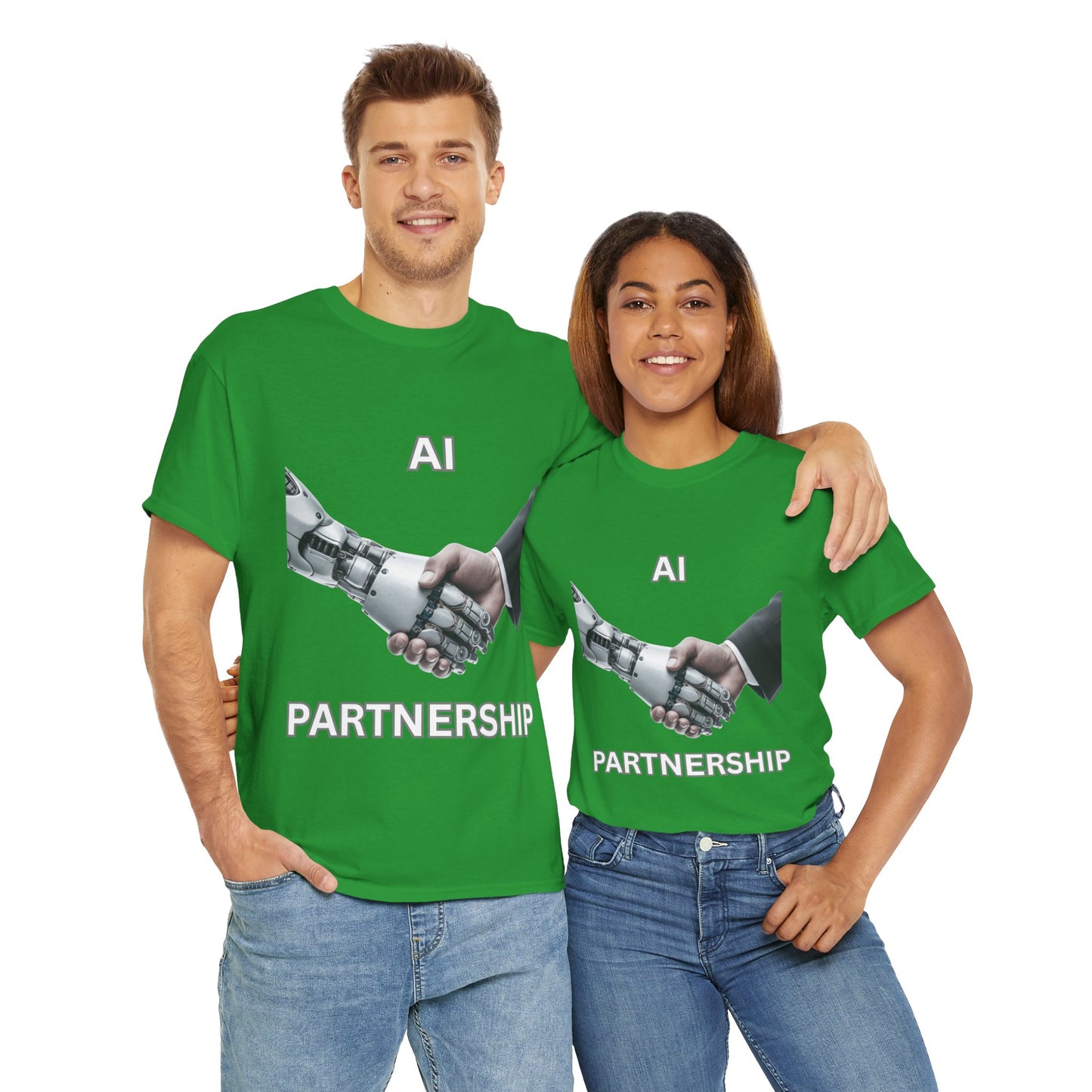 AI Partnership Unisex Heavy Cotton Tee Shirt - Robot And Human Shake Hands, Sci-Fi, Science, Tech, Geek, Nerd