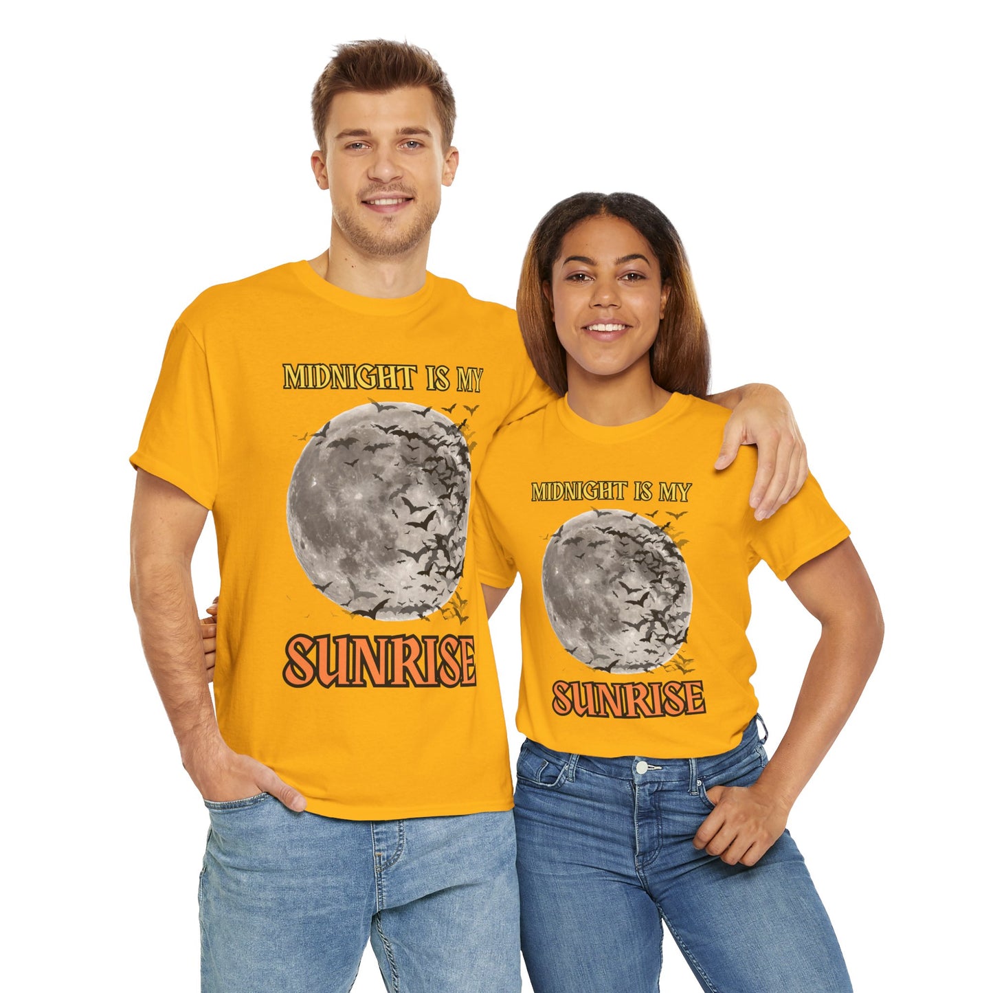 'Midnight is My Sunrise' Unisex Heavy Cotton Tee Shirt - Graphic Tee for Night Owls, Scary, Creepy, Halloween, Gothic, Full Moon, Bats