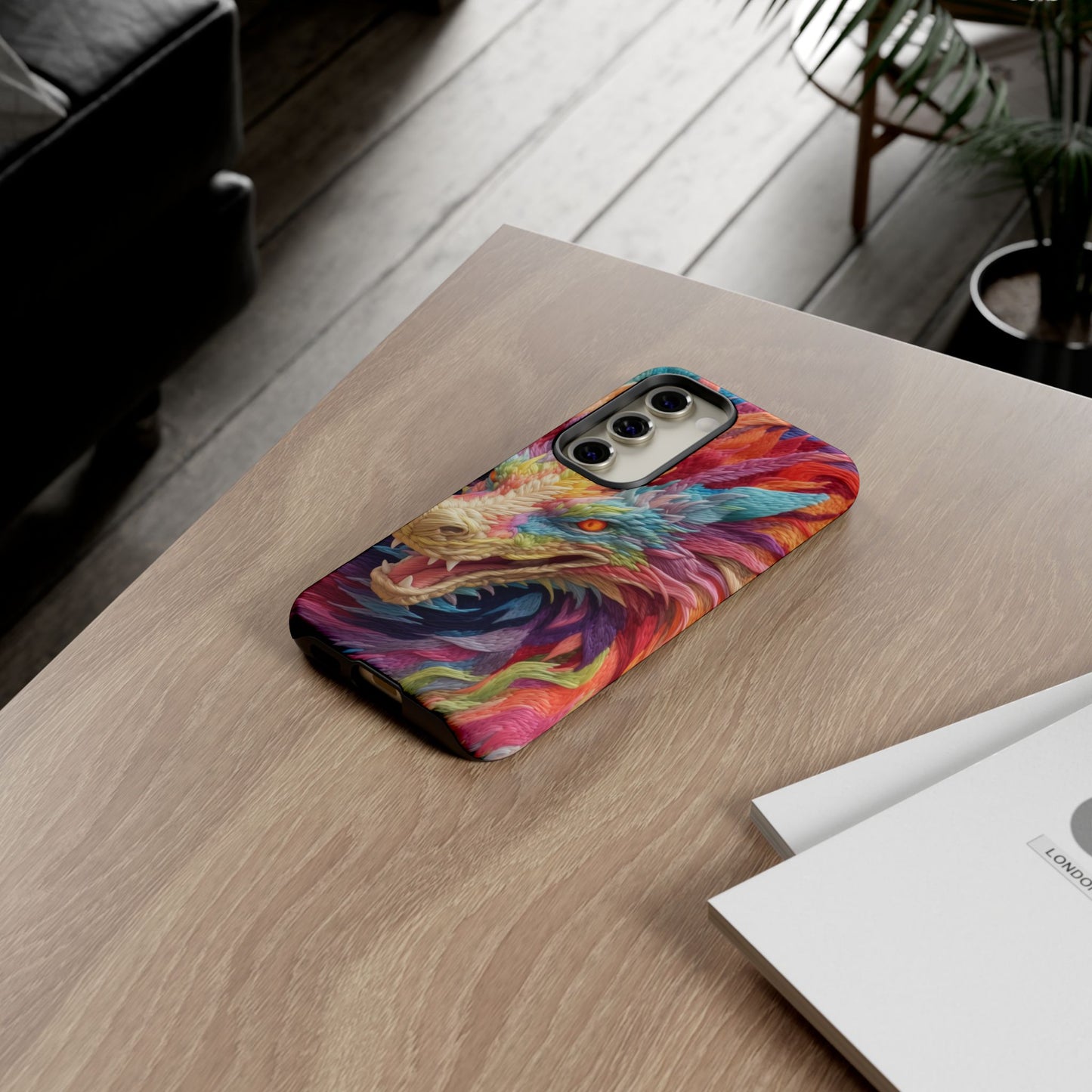 Vibrant 3D Embroidery Embroidered Rainbow Dragon Phone Case - Tough Protection for Fantasy Lovers, DND, RPG, TTRPG, Geek, Nerd