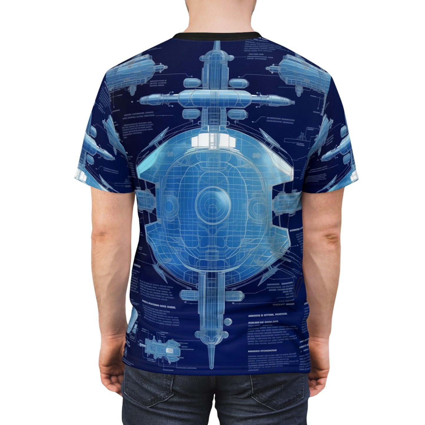 Astro Nautical Blueprint The Ship That Never Was AOP Unisex Tee - Exploration Inspired Design, Space, Sci-Fi, Spaceship, Tech, Alien, Geek, Nerd