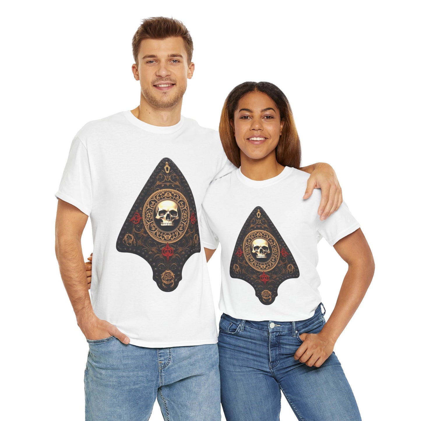 Skull Design Ouija Planchette Unisex Heavy Cotton Tee Shirt - Unique Graphic T-Shirt for Horror Fans, Scary, Gothic, Halloween, Geek, Nerd