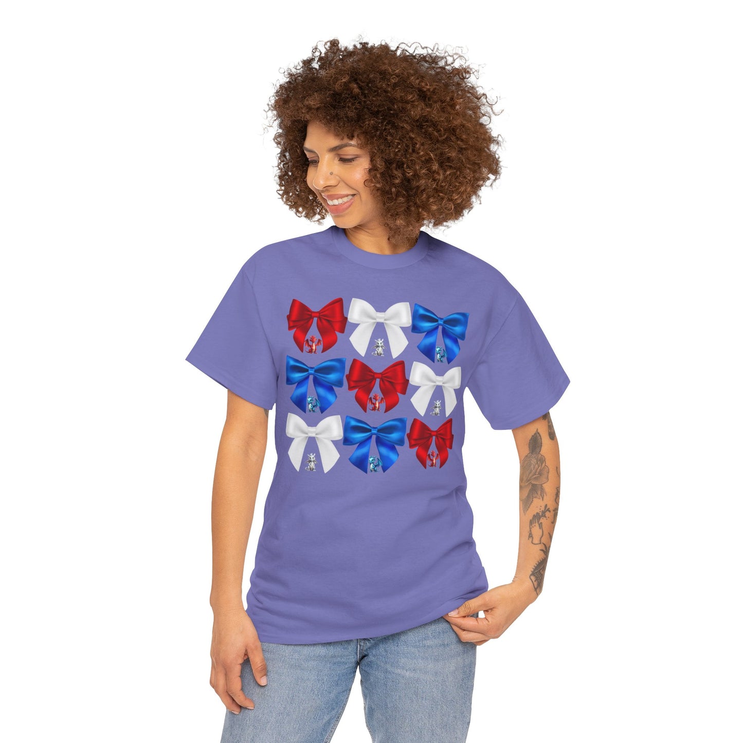 Coquette Red, White, and Blue Dragons & Bows Tee - American Flag, Perfect for Patriotic Events, Independence Day, BBQs, Family Gatherings, DND, RPG, TTRPG, Roleplaying, Geek, Nerd, 4th of July