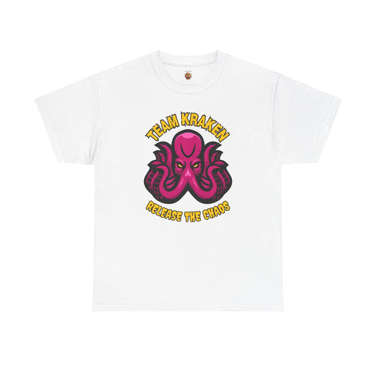 'Team Kraken Release The Chaos' Octopus Unisex Heavy Cotton Tee, Kraken Shirt, Gift for Ocean Lovers, Casual Wear for All Occasions, Mythology, Scary, Creepy, Geek, Nerd