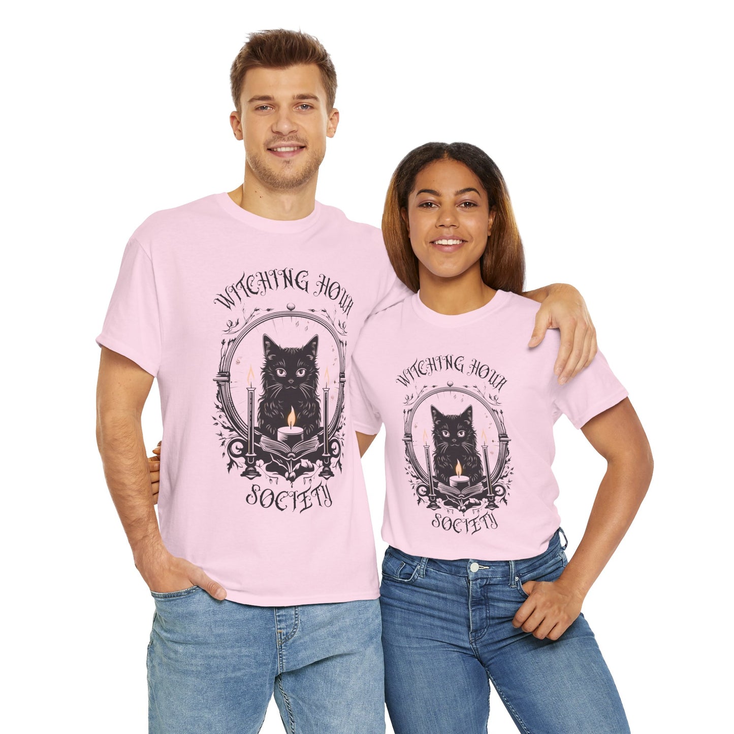 'Witching Hour Society' Cat Cat Tee Shirt- Unisex Heavy Cotton T-Shirt for Book Lovers, Reader, Gothic, Midnight, Scary, Creepy, Halloween