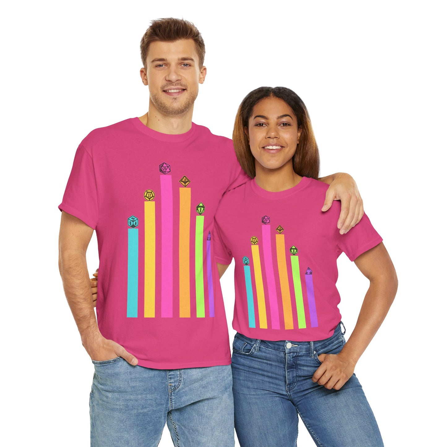 Vintage Minimalist Geeky Polyhedral Falling Retro Rainbow Dungeons and Dragons DND Unisex Heavy Cotton Tee Shirt - RPG, TTRPG, Roleplaying, Geek, Nerd
