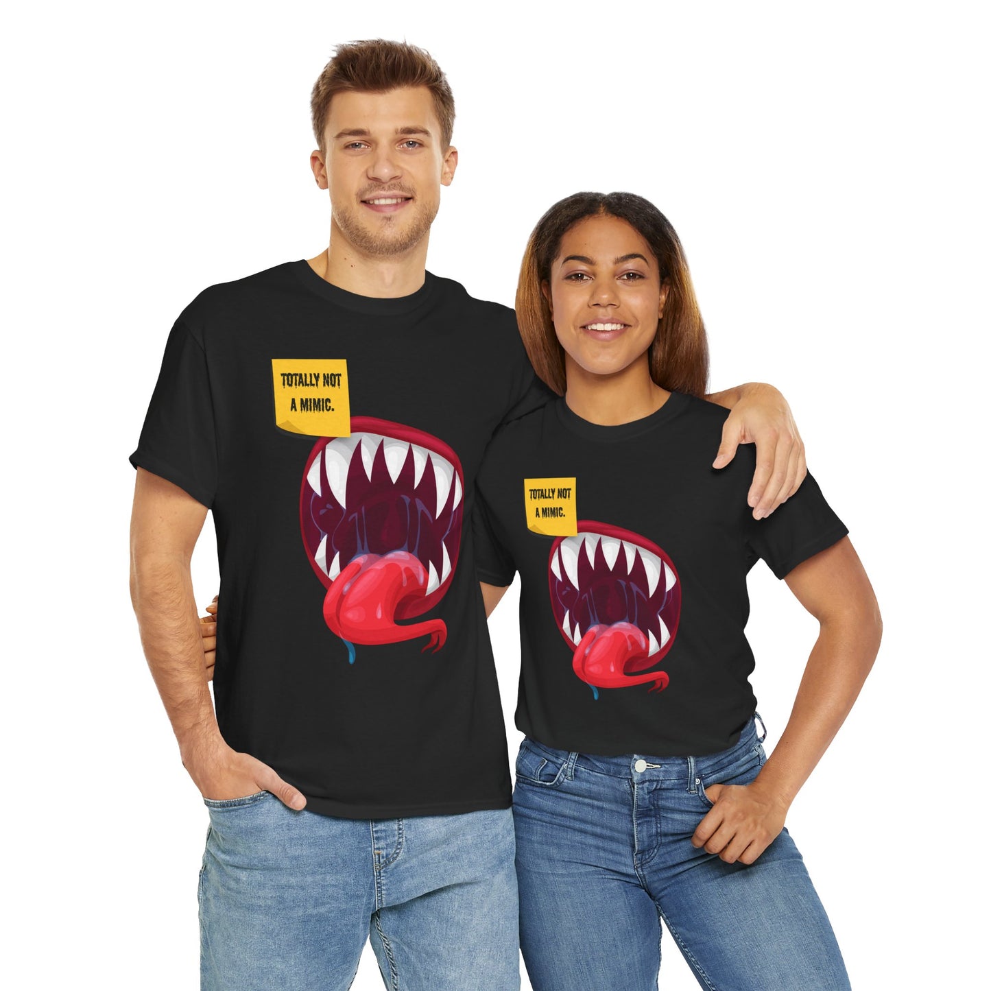 Funny Unisex Heavy Cotton Tee Shirt - "Totally Not a Mimic" Monster Mouth Design, D&D, DND, RPG, TTRPG, Roleplaying, Geek, Nerd, Teeth, Tongue