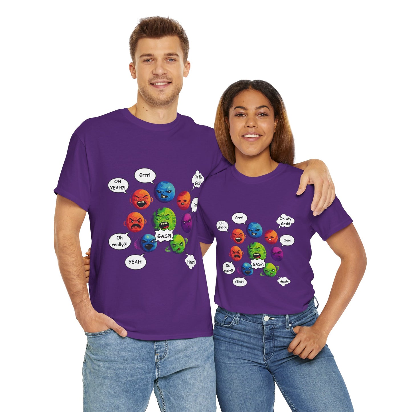 Funny Arguing Planets Unisex Heavy Cotton Tee Shirt - Fun Emoji Solar System Expressions Graphic T-Shirt, Geek, Nerd, Space