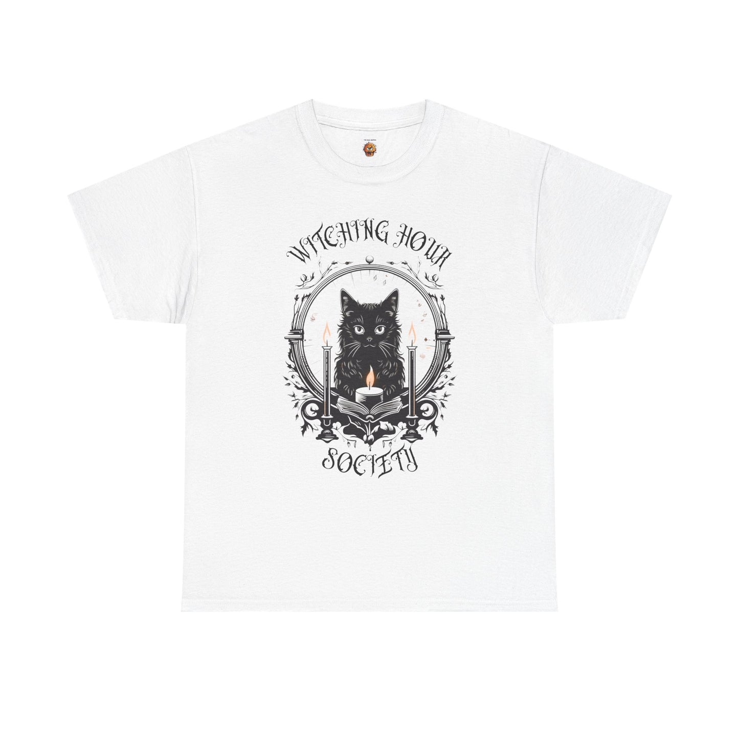 'Witching Hour Society' Cat Cat Tee Shirt- Unisex Heavy Cotton T-Shirt for Book Lovers, Reader, Gothic, Midnight, Scary, Creepy, Halloween