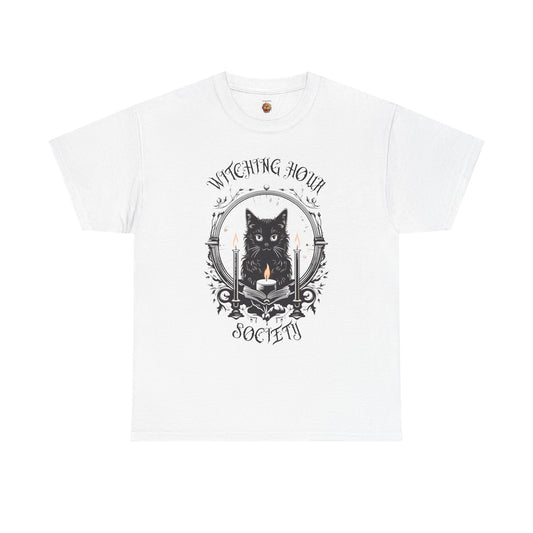 'Witching Hour Society' Cat Cat Tee Shirt- Unisex Heavy Cotton T-Shirt for Book Lovers, Reader, Gothic, Midnight, Scary, Creepy, Halloween