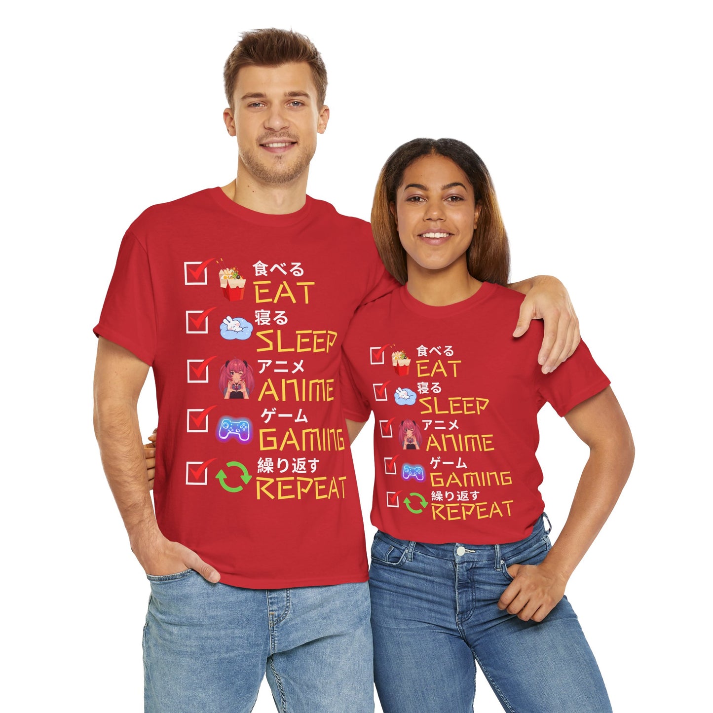 Cute Kawaii Unisex Heavy Cotton Tee Shirt T-Shirt - Eat Sleep Anime Gaming Repeat, Funny Checklist Japanese Kanji English, Geek, Nerd