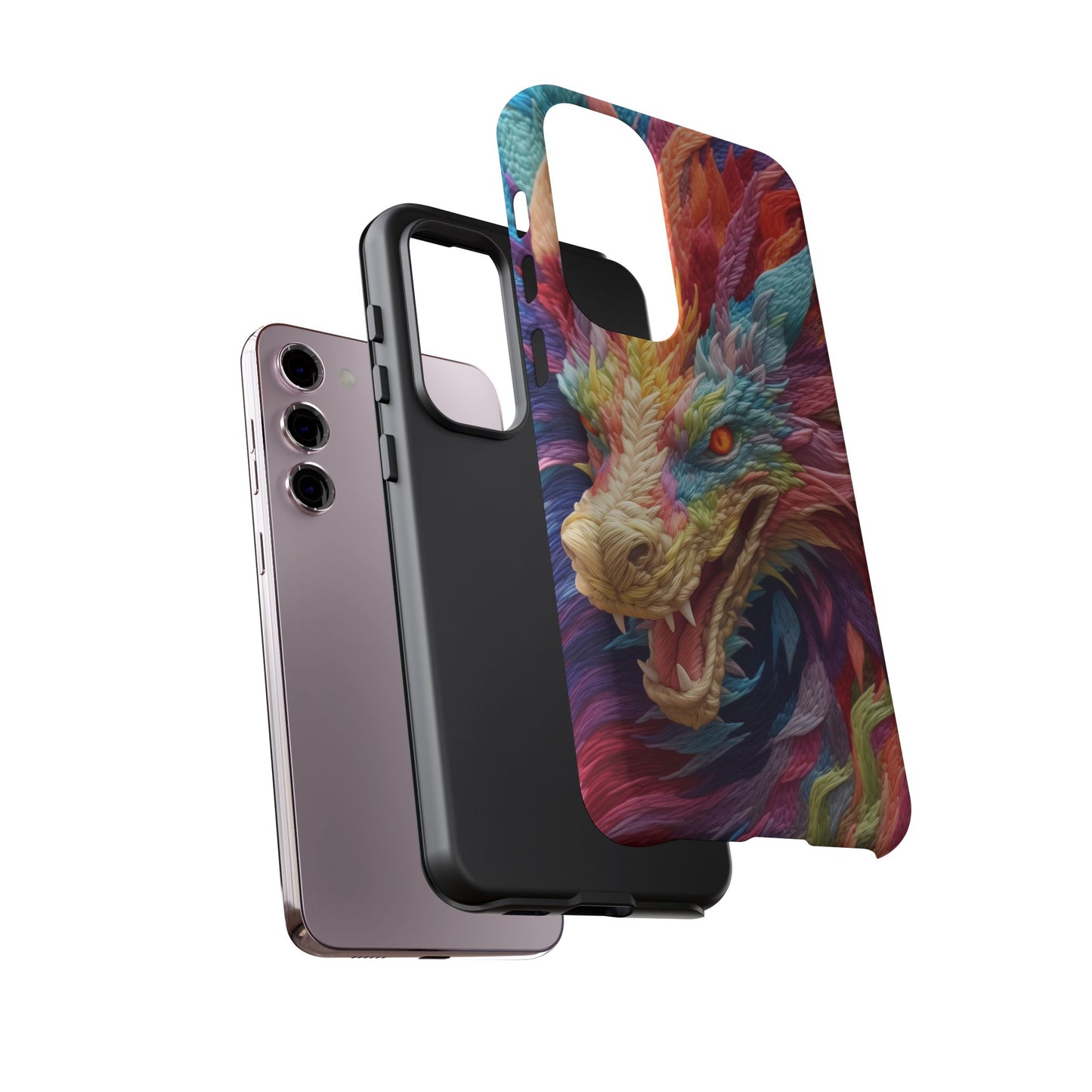 Vibrant 3D Embroidery Embroidered Rainbow Dragon Phone Case - Tough Protection for Fantasy Lovers, DND, RPG, TTRPG, Geek, Nerd