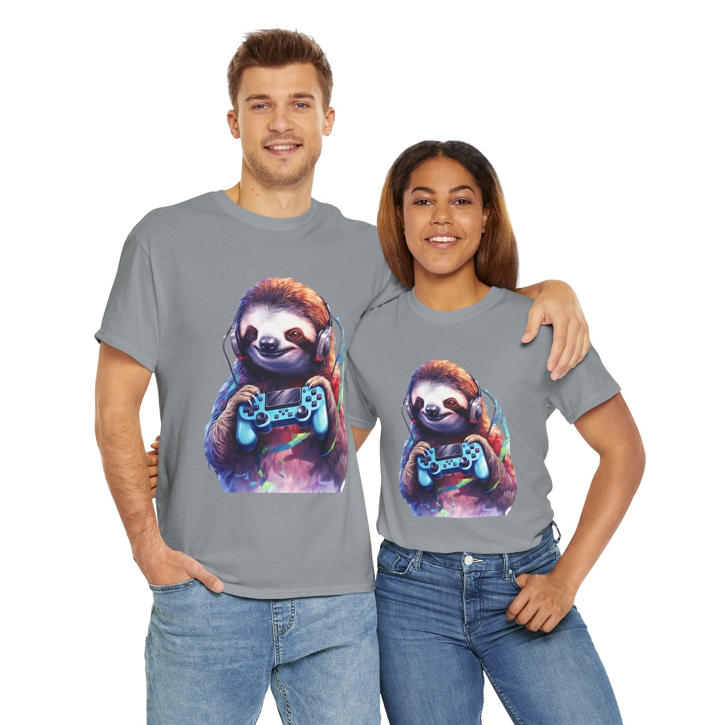 Cute Kawaii Gaming Sloth Unisex Heavy Cotton Tee - Animal Shirt, Gamer Apparel, Video Game, Anime, Weeb, Otaku, Geek, Nerd