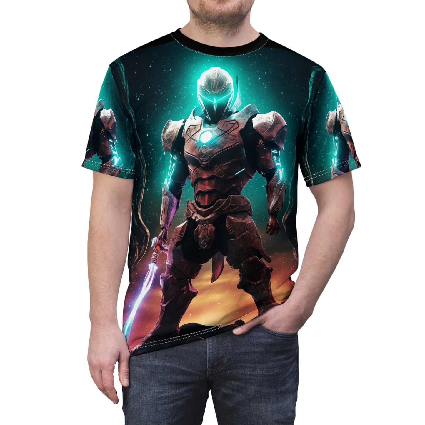 The Last Star Paladin Futuristic Sci-Fi AOP Unisex Tee – Heroic Design, Power Knight, Space Ranger, Armor, Energy Sword, Geek, Nerd