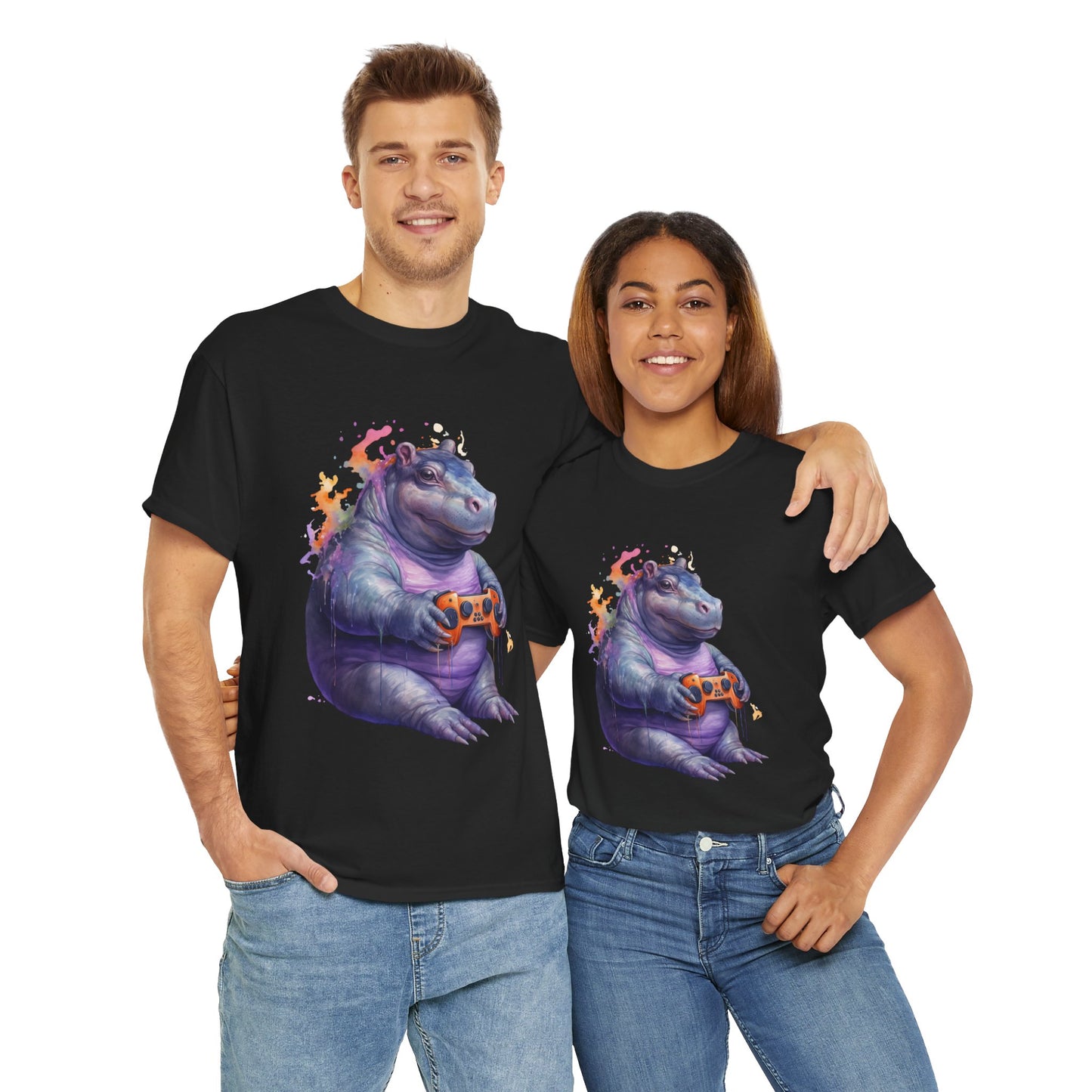 Cute Kawaii Gaming Pygmy Hippo Unisex Heavy Cotton Tee - Fun and Quirky Shirt for Gamers, Video Game, Girl, Anime, Weeb, Otaku, Moo Deng, Thailand