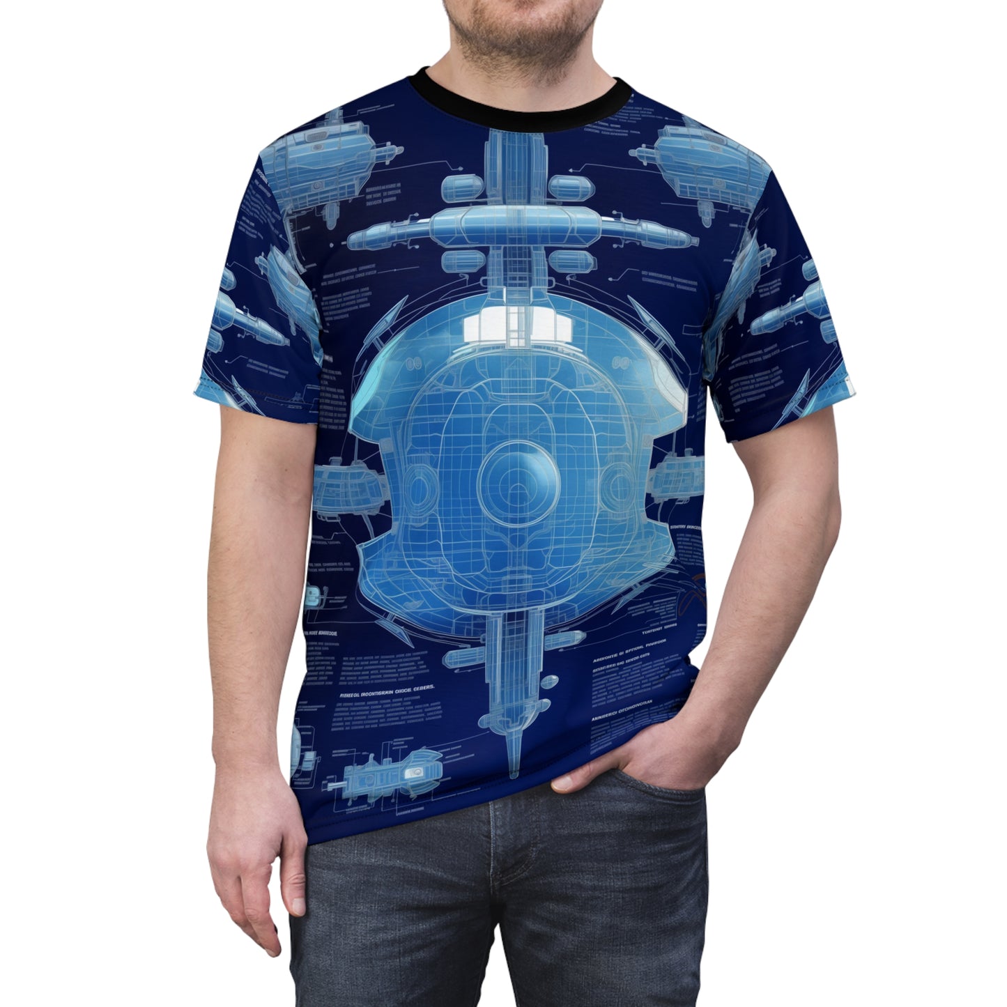 Astro Nautical Blueprint The Ship That Never Was AOP Unisex Tee - Exploration Inspired Design, Space, Sci-Fi, Spaceship, Tech, Alien, Geek, Nerd