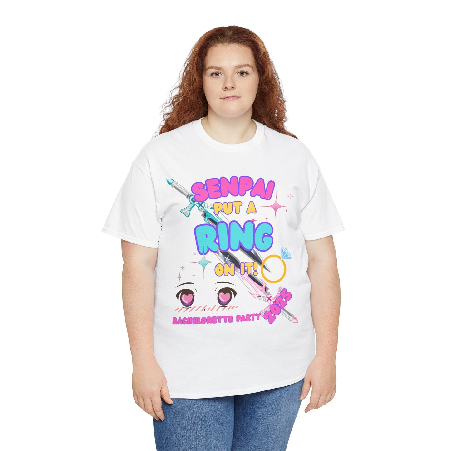 Kawaii Cute Funny Bachelorette Party Tee - "Senpai Put a Ring on It!" Unisex Heavy Cotton T-Shirt, Wedding, Engagement, Anime, Weeb, Otaku, Geek, Nerd