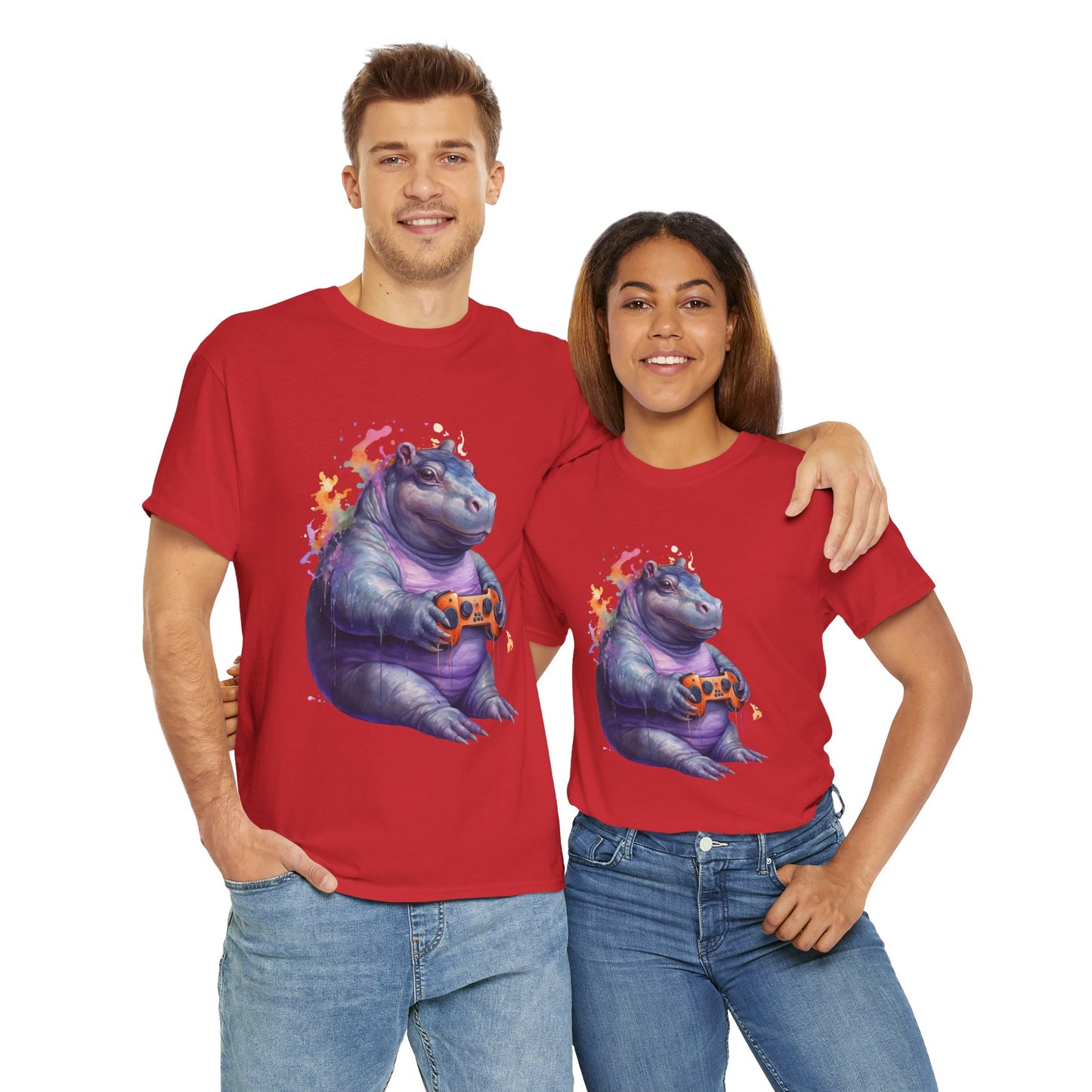 Cute Kawaii Gaming Pygmy Hippo Unisex Heavy Cotton Tee - Fun and Quirky Shirt for Gamers, Video Game, Girl, Anime, Weeb, Otaku, Moo Deng, Thailand