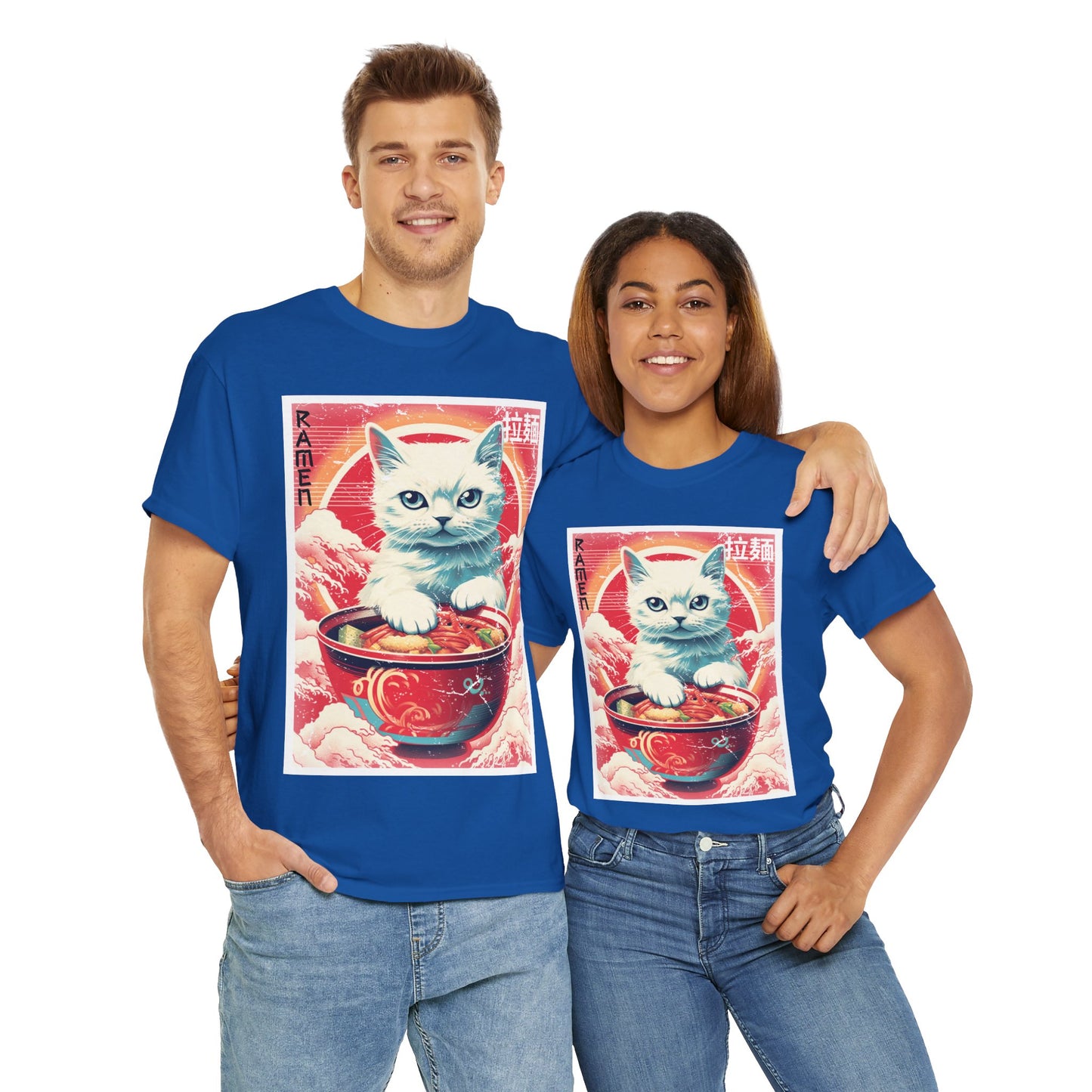 Cute Kawaii Anime Cat Eating Ramen Unisex Heavy Cotton Tee Shirt T-Shirt - Perfect for Animal Lovers and Foodies, Vintage Ad Style, Geek, Nerd