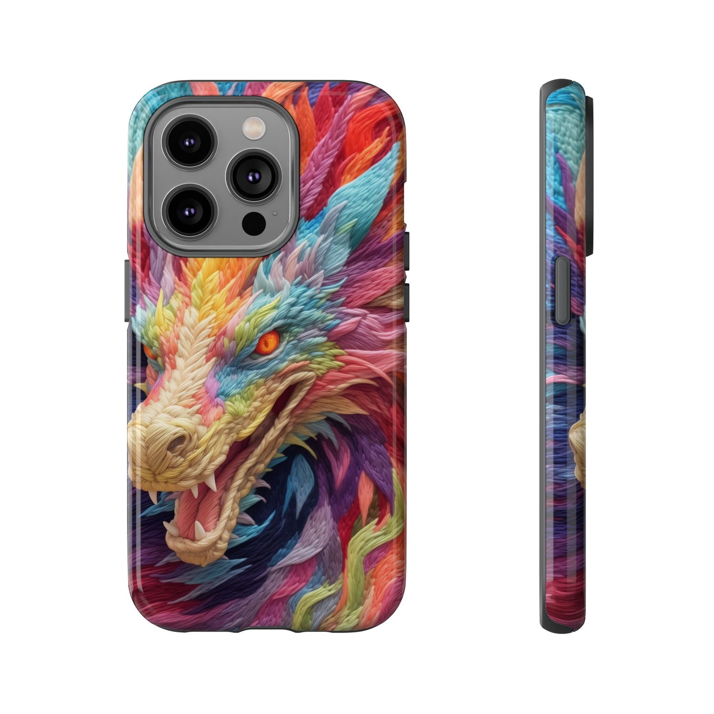 Vibrant 3D Embroidery Embroidered Rainbow Dragon Phone Case - Tough Protection for Fantasy Lovers, DND, RPG, TTRPG, Geek, Nerd