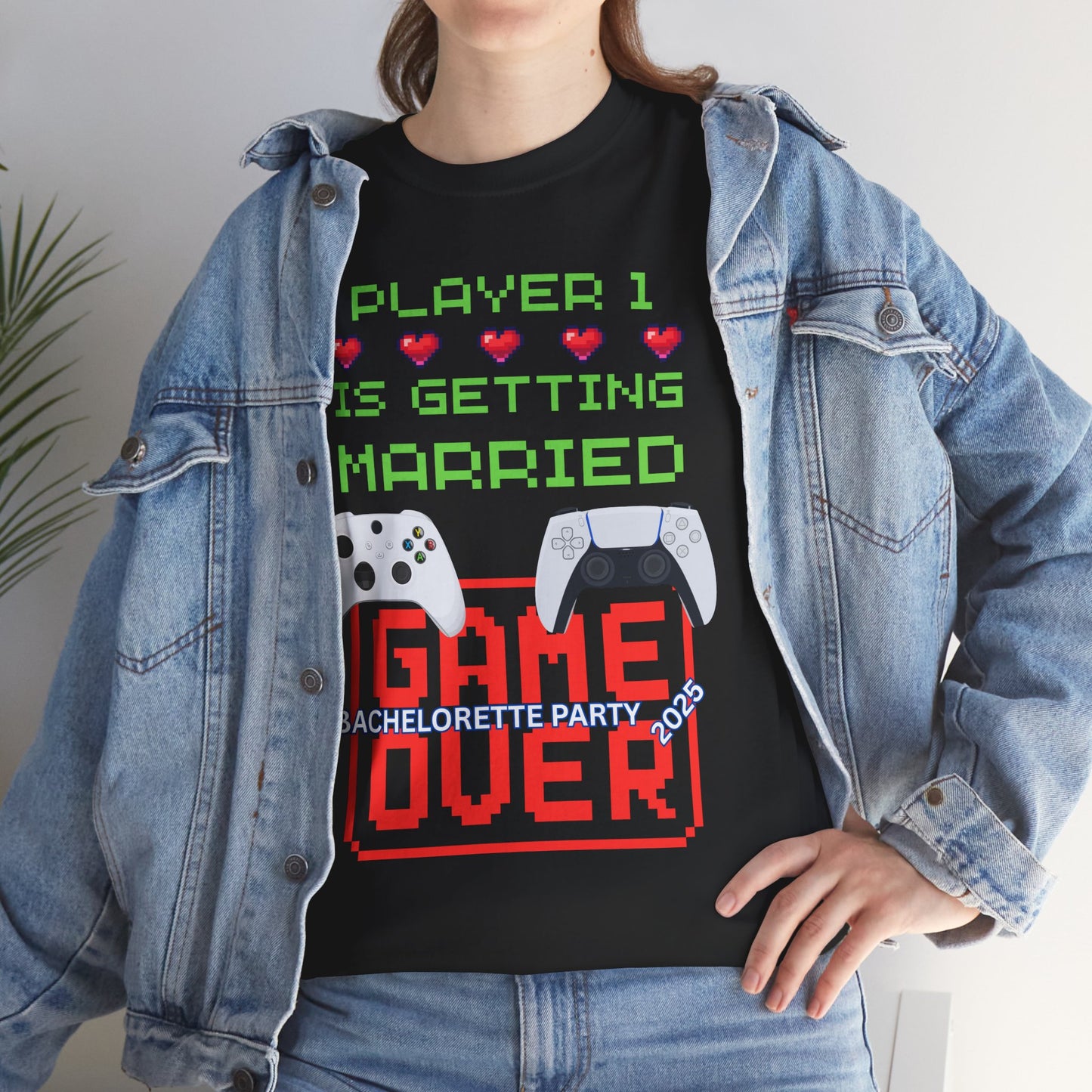 Gamer Girl Bachelorette Party 2025 Unisex Heavy Cotton Tee - "Player 1 is Getting Married", Video Game, Gaming, Console, PC, Tech, Geek, Squad, Nerd