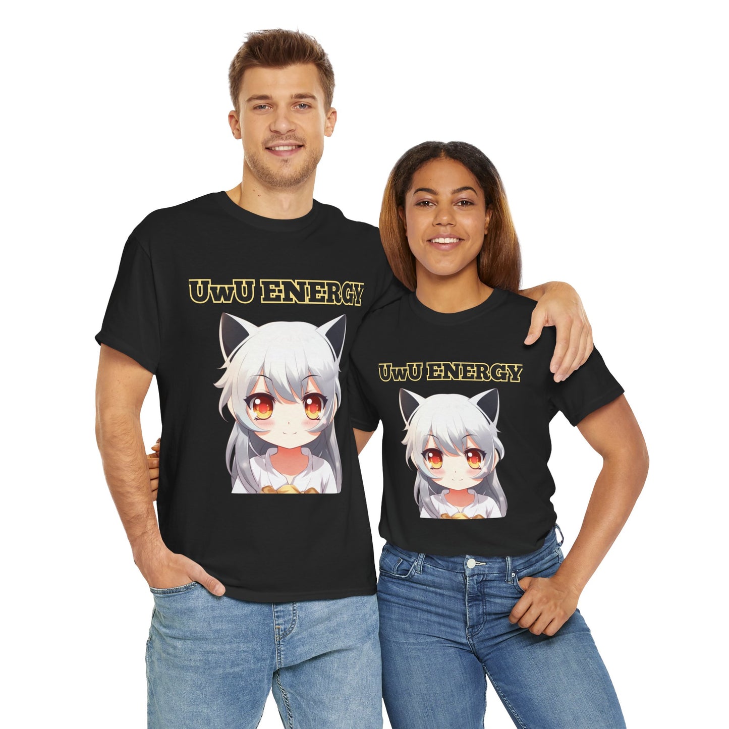 Cute Anime 'UwU ENERGY' Cat Girl Neko Nekomusume Unisex Heavy Cotton Tee Shirt T-Shirt - Weeb, Otaku, Geek, Nerd