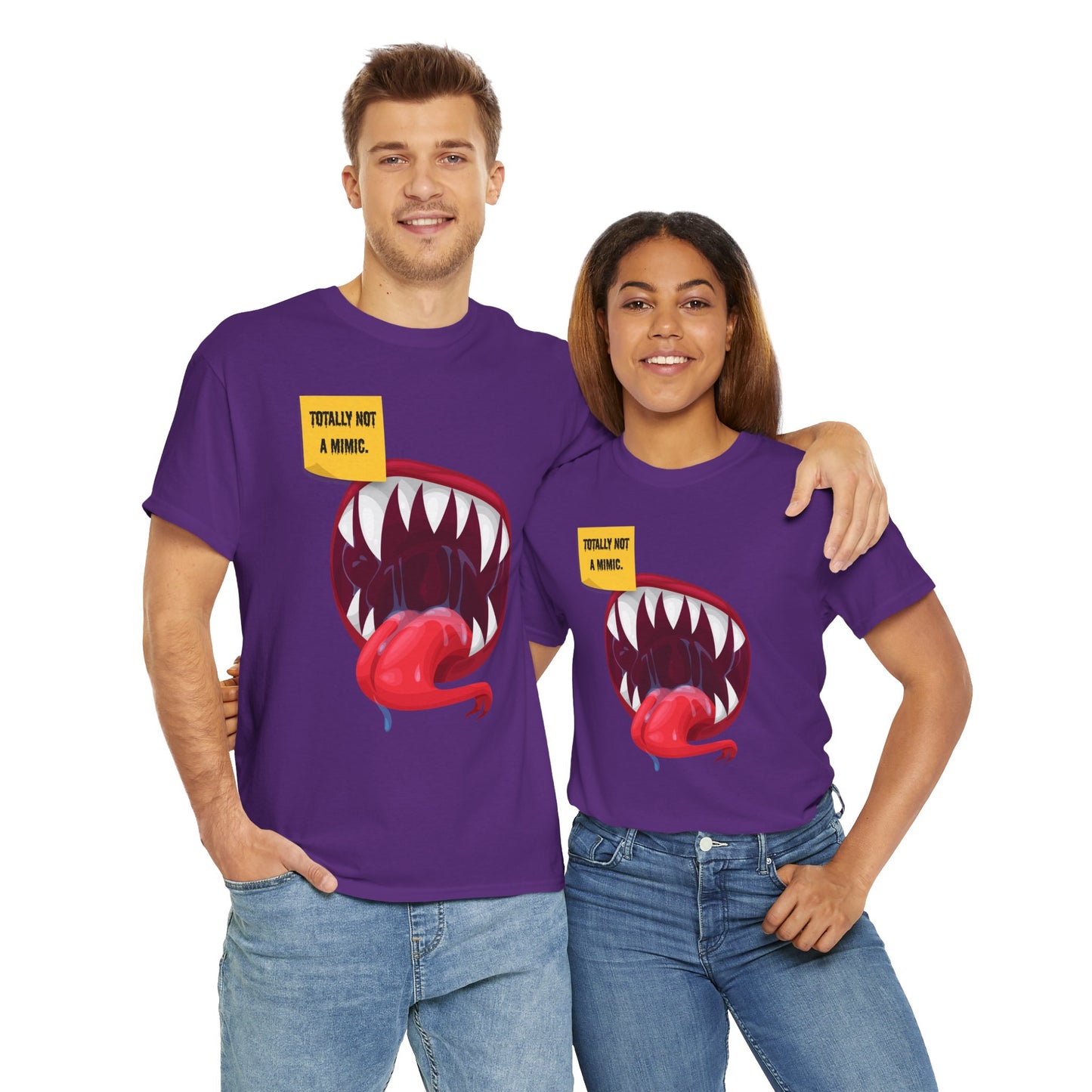 Funny Unisex Heavy Cotton Tee Shirt - "Totally Not a Mimic" Monster Mouth Design, D&D, DND, RPG, TTRPG, Roleplaying, Geek, Nerd, Teeth, Tongue