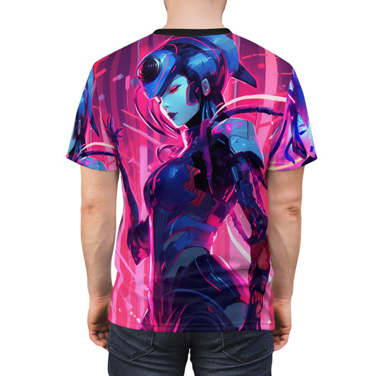Front and Back Kabuki Cyberpunk Futuristic Anime Performer Neon Unisex AOP Tee - Bold Graphic Print, Neon, Cybernetic, Science, Tech, Sci-Fi, Geek, Nerd