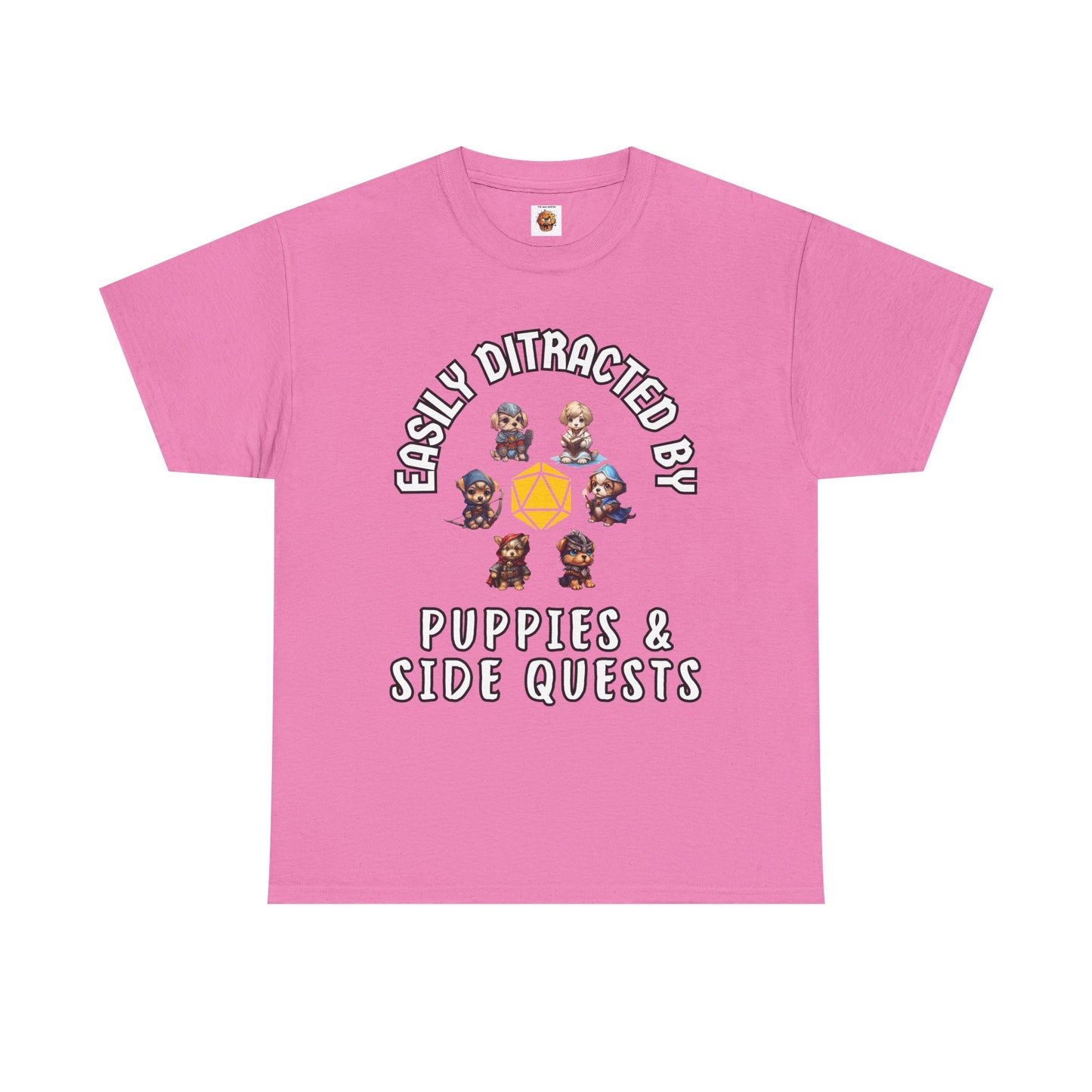 'Easily Distracted by Puppies & Side Quests' Unisex Heavy Cotton Tee Shirt - Shirt for Dog Lovers, DND, RPG, TTRPG, Roleplaying Game, Geek, Nerd