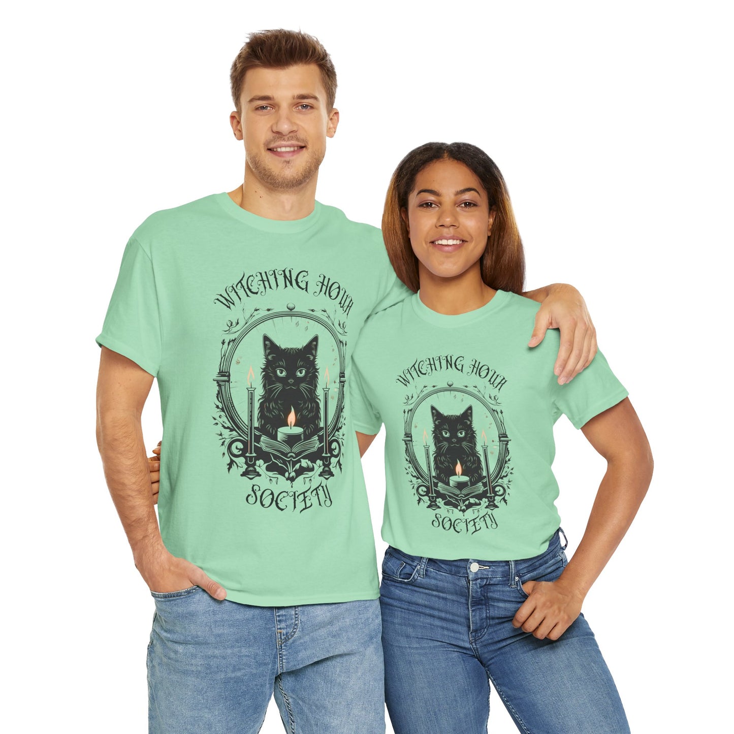 'Witching Hour Society' Cat Cat Tee Shirt- Unisex Heavy Cotton T-Shirt for Book Lovers, Reader, Gothic, Midnight, Scary, Creepy, Halloween
