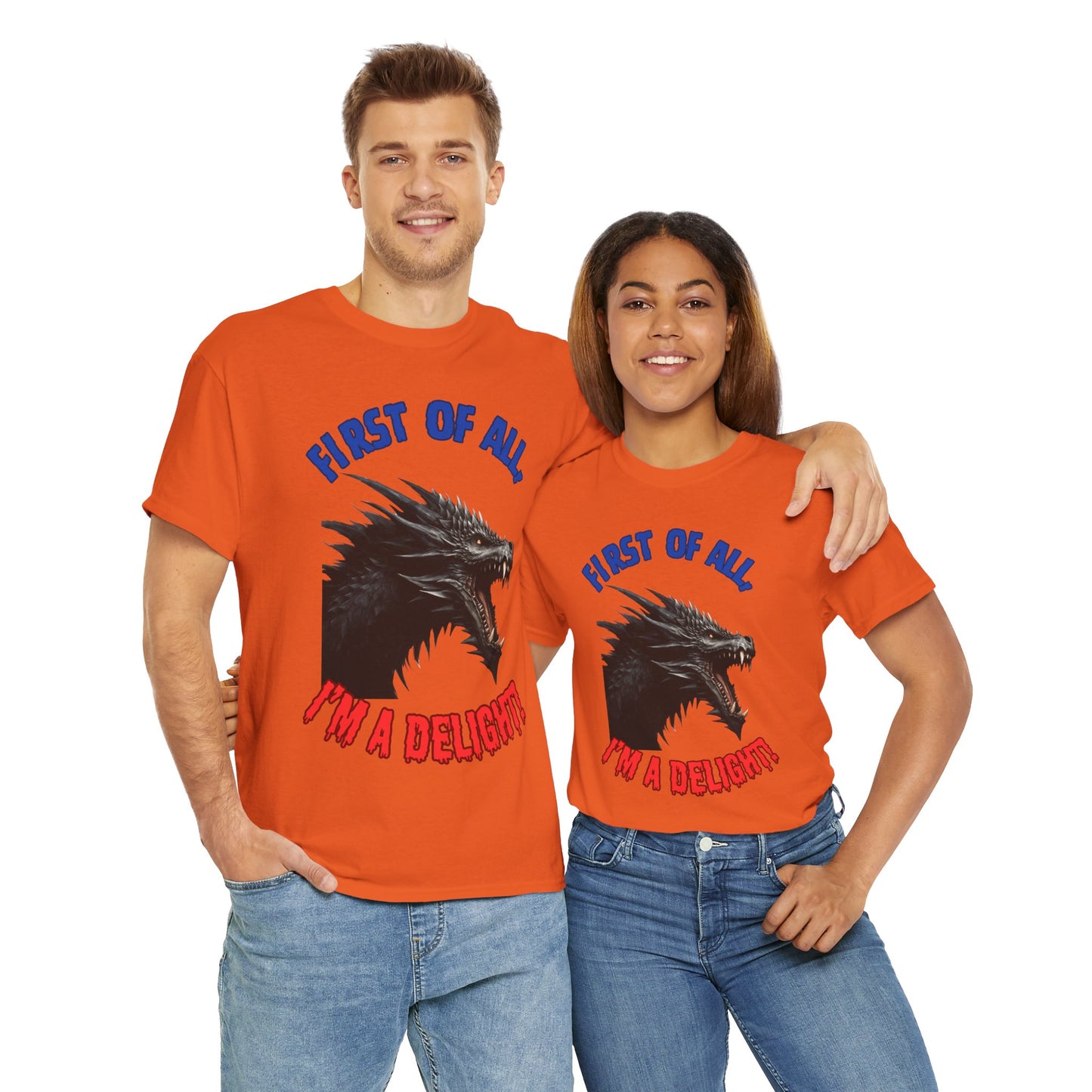 Black Dragon "First of All, I'm a Delight!" Dungeons and Dragons DND Unisex Heavy Cotton Tee Shirt T-Shirt - RPG, TTRPG, Roleplaying, Geek, Nerd