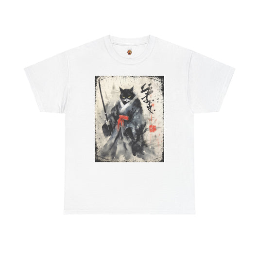 Samurai Cat Vintage Ukiyo-e Warrior Art Unisex Heavy Cotton Tee - Artistic Vintage Design, Japanese Ink Painting, Anime, Weeb, Otaku, Geek, Nerd