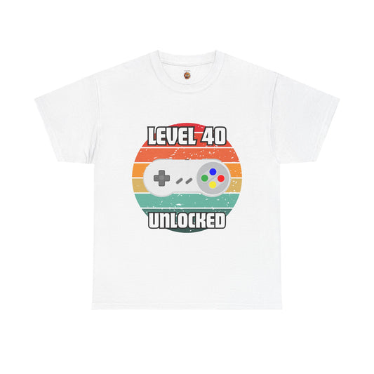 Gaming Level 40 Unlocked Tee - Unisex Heavy Cotton T-Shirt, Video Game, Gamer, Happy Birthday Shirt, Geek, Nerd, Retro