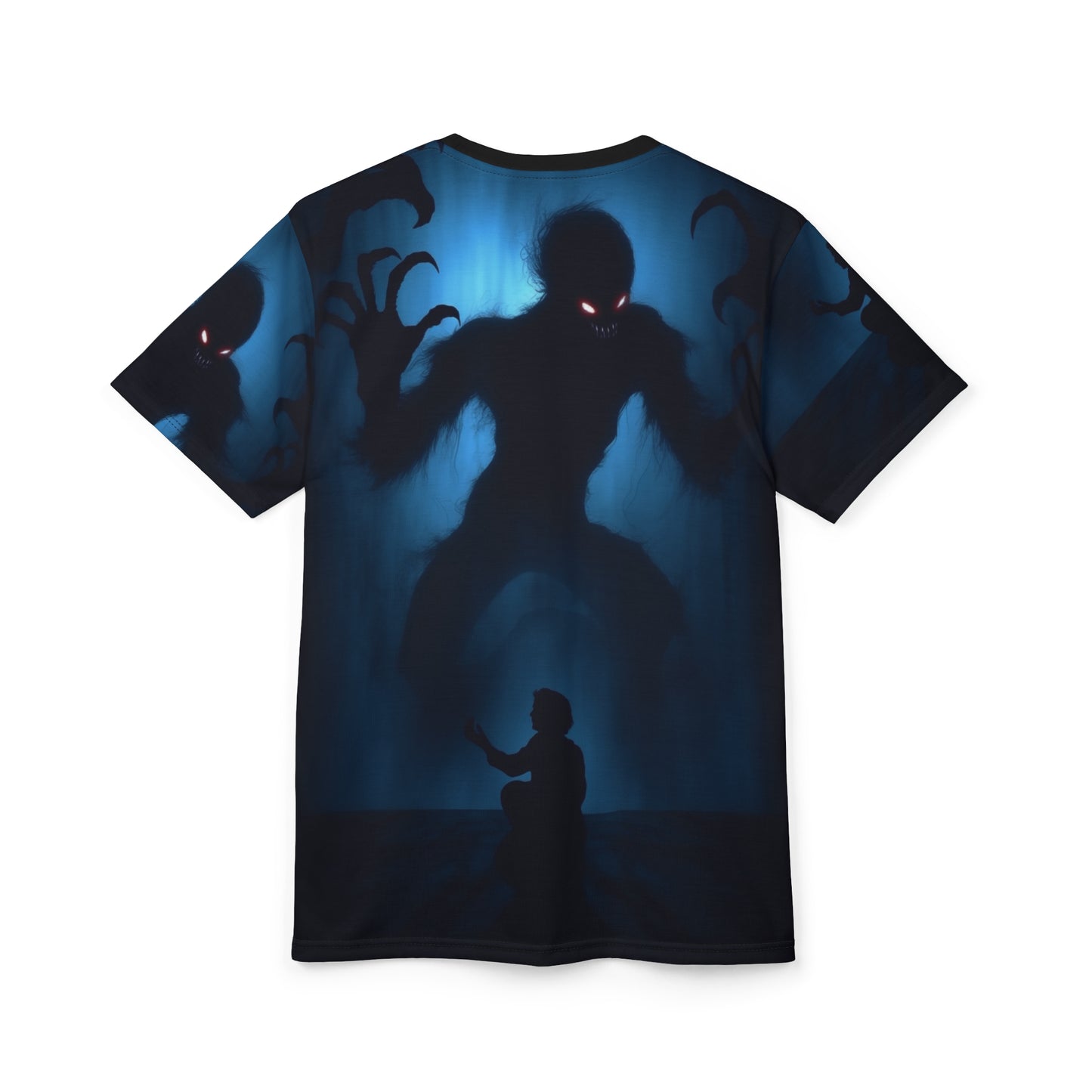 The Possession Chilling Shadows AOP Unisex Tee - Spooky Graphic T-Shirt for Halloween & Horror Fans, Scary, Creepy