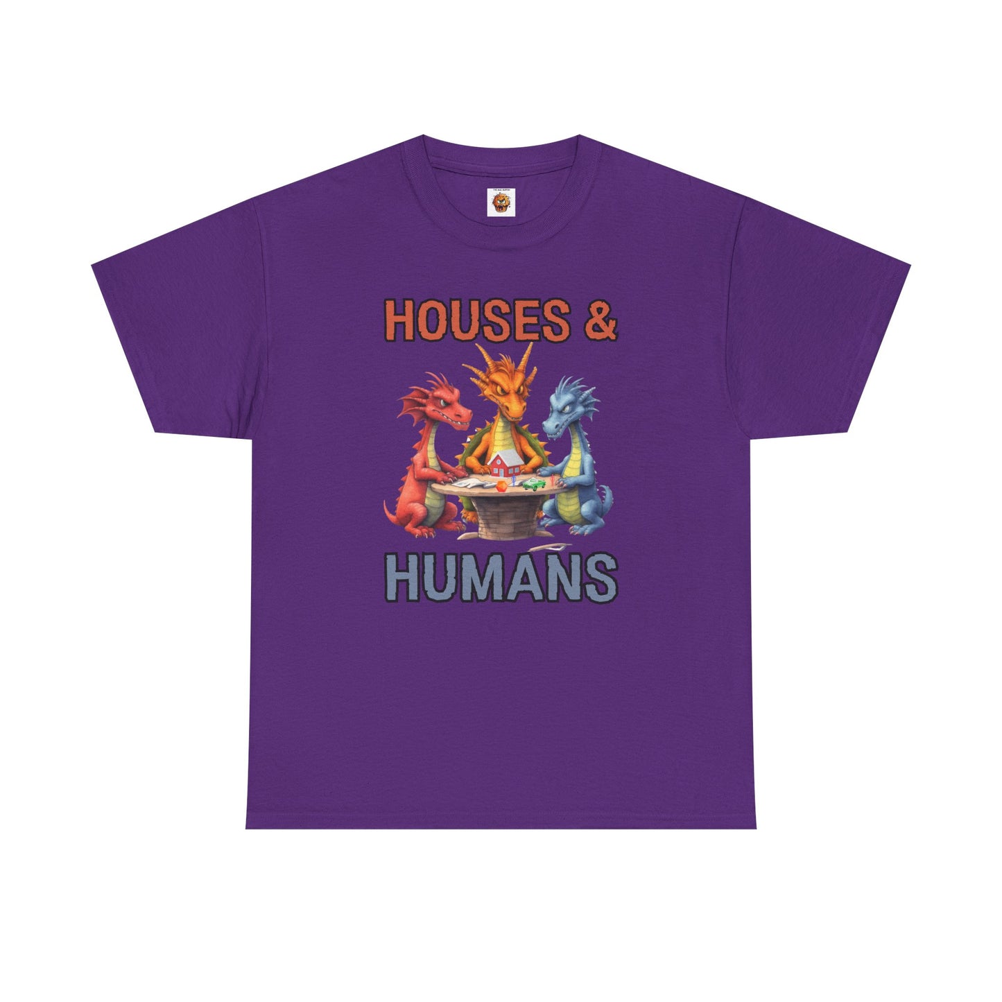 Funny 'Houses & Humans' Unisex Dragon Graphic Tee | Cute Fantasy Shirt for Fans | Gifts for Gamers, D&D, DND, RPG, TTRPG, Roleplaying, Geek, Nerd, D20