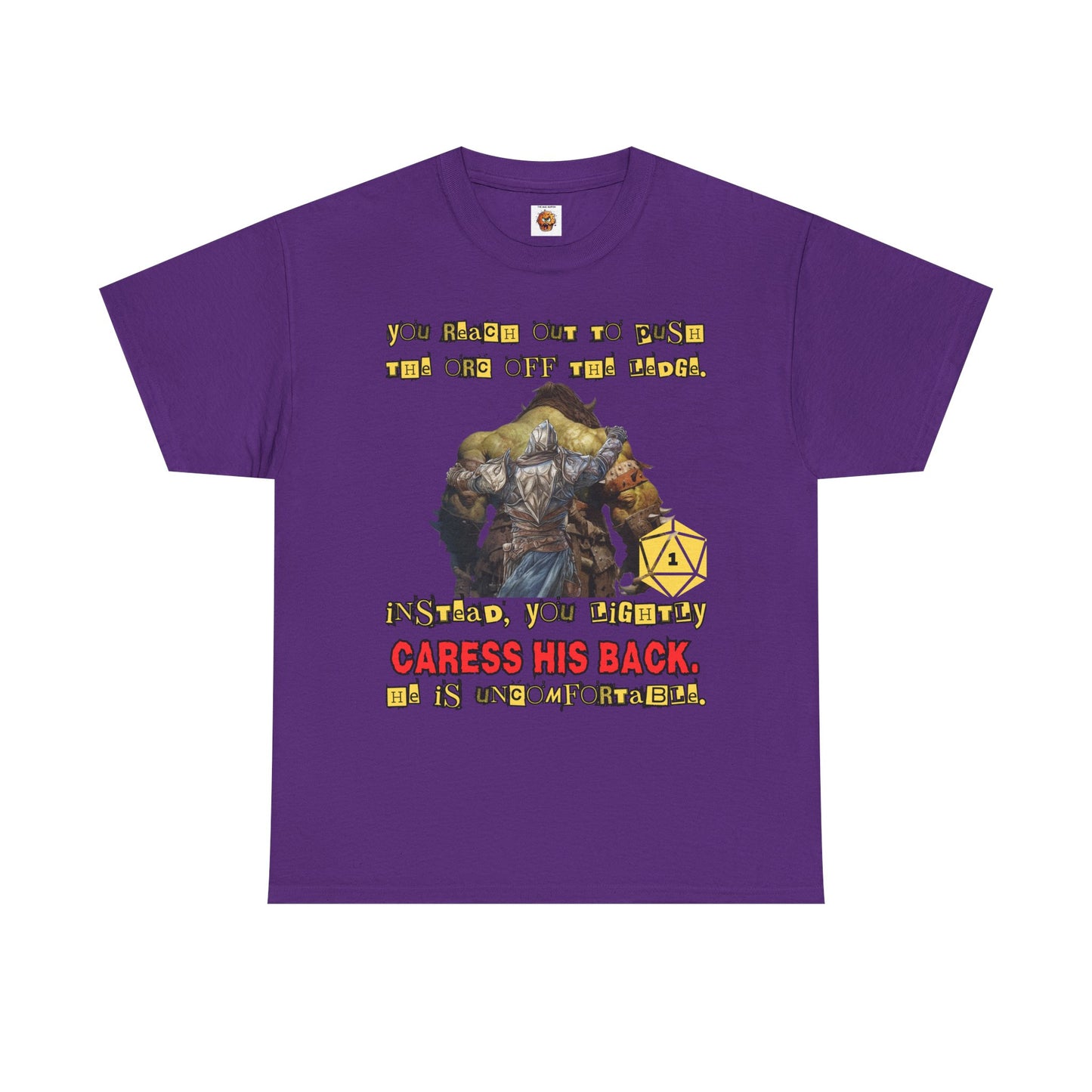 Funny Dungeons & Dragons DND Unisex Heavy Cotton Tee Shirt - 'You Reach Out to Push the Orc Off the Ledge', D20, RPG, TTRPG, Roleplaying, Geek, Nerd