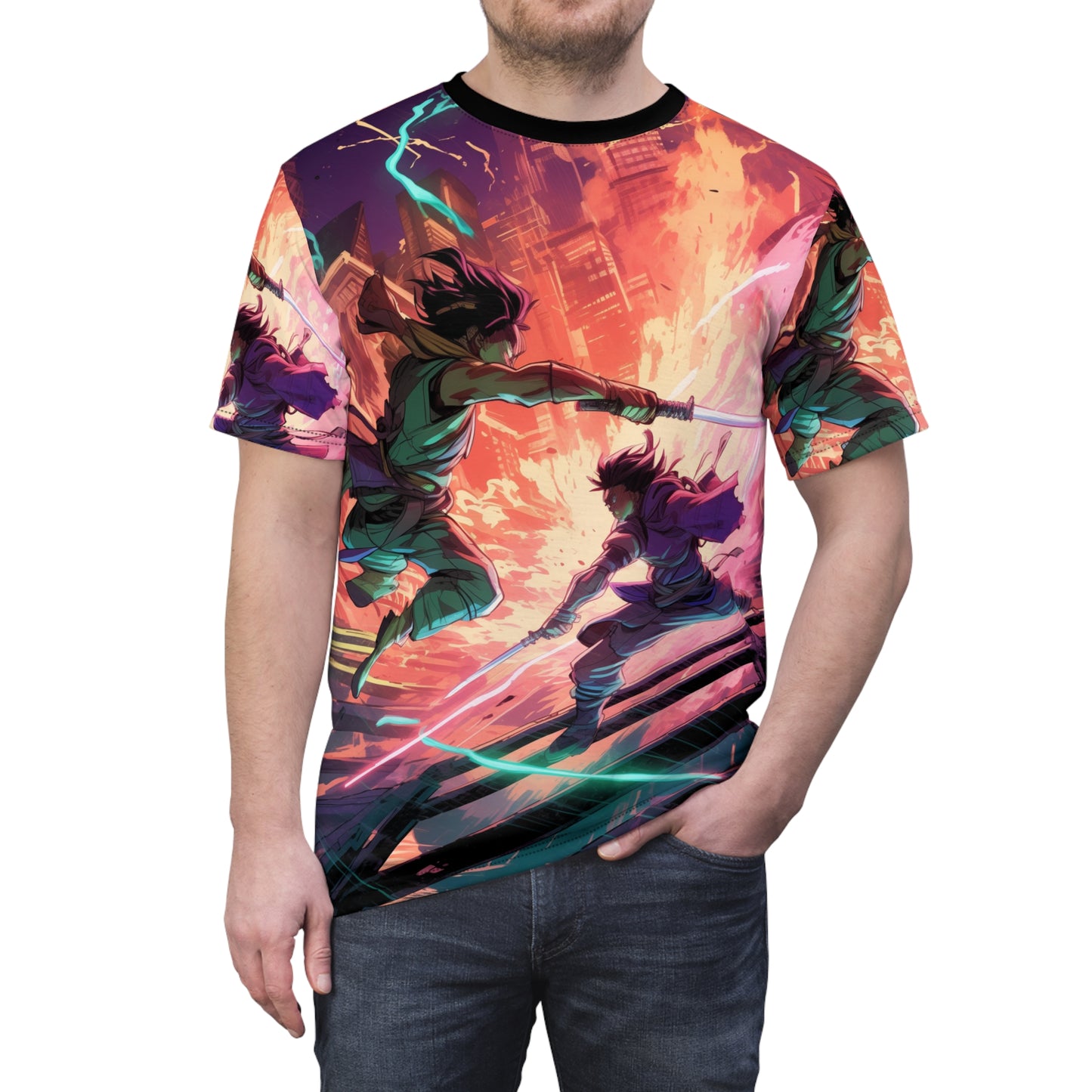 Neo-Tokyo Street Battle Epic Action AOP Unisex Tee - Heroic Battle Design, Shonen Anime, Weeb, Otaku, Geek, Nerd, Sword, Magic, Neon, Energy