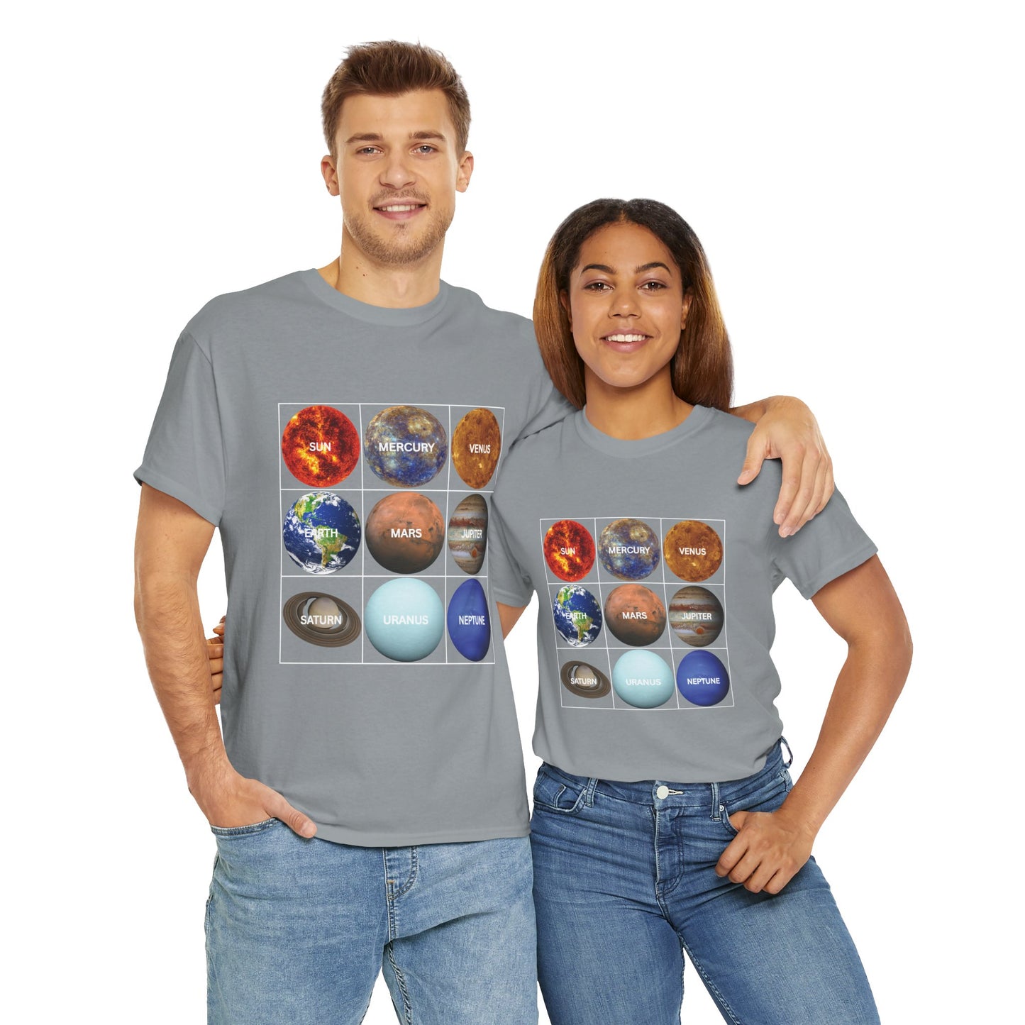 Cosmic Planet Solar System Graphic Tee Shirt- Unisex Heavy Cotton T-Shirt, Sun, Space, Galactic, Science, Geek, Nerd