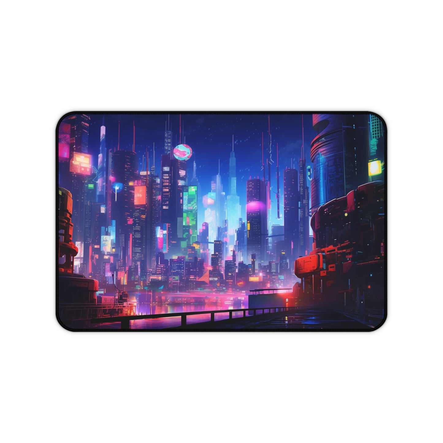 Futuristic Cityscape Cyberpunk Skyline Desk Mat - Perfect for Gamers and Professionals, Geek, Nerd, Neon Color