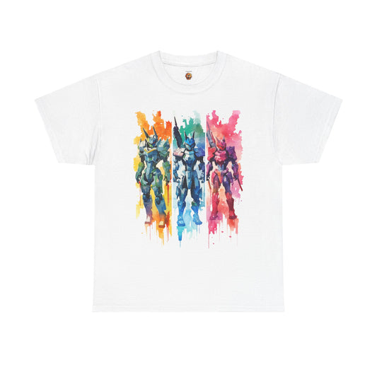 Watercolor Brushstroke Anime Mecha Art Unisex Heavy Cotton Tee Shirt - Mobile Battle Suit Armor, Geek, Nerd, Colorful