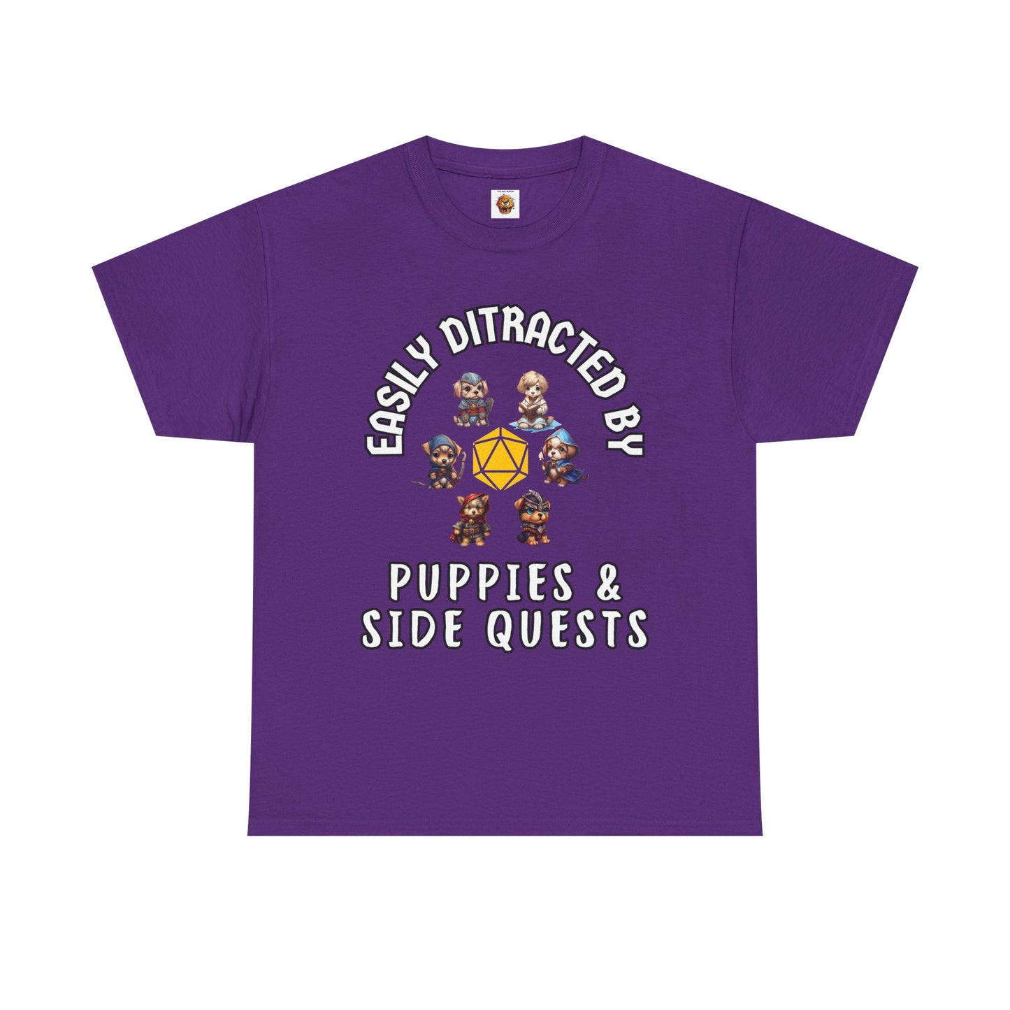 'Easily Distracted by Puppies & Side Quests' Unisex Heavy Cotton Tee Shirt - Shirt for Dog Lovers, DND, RPG, TTRPG, Roleplaying Game, Geek, Nerd