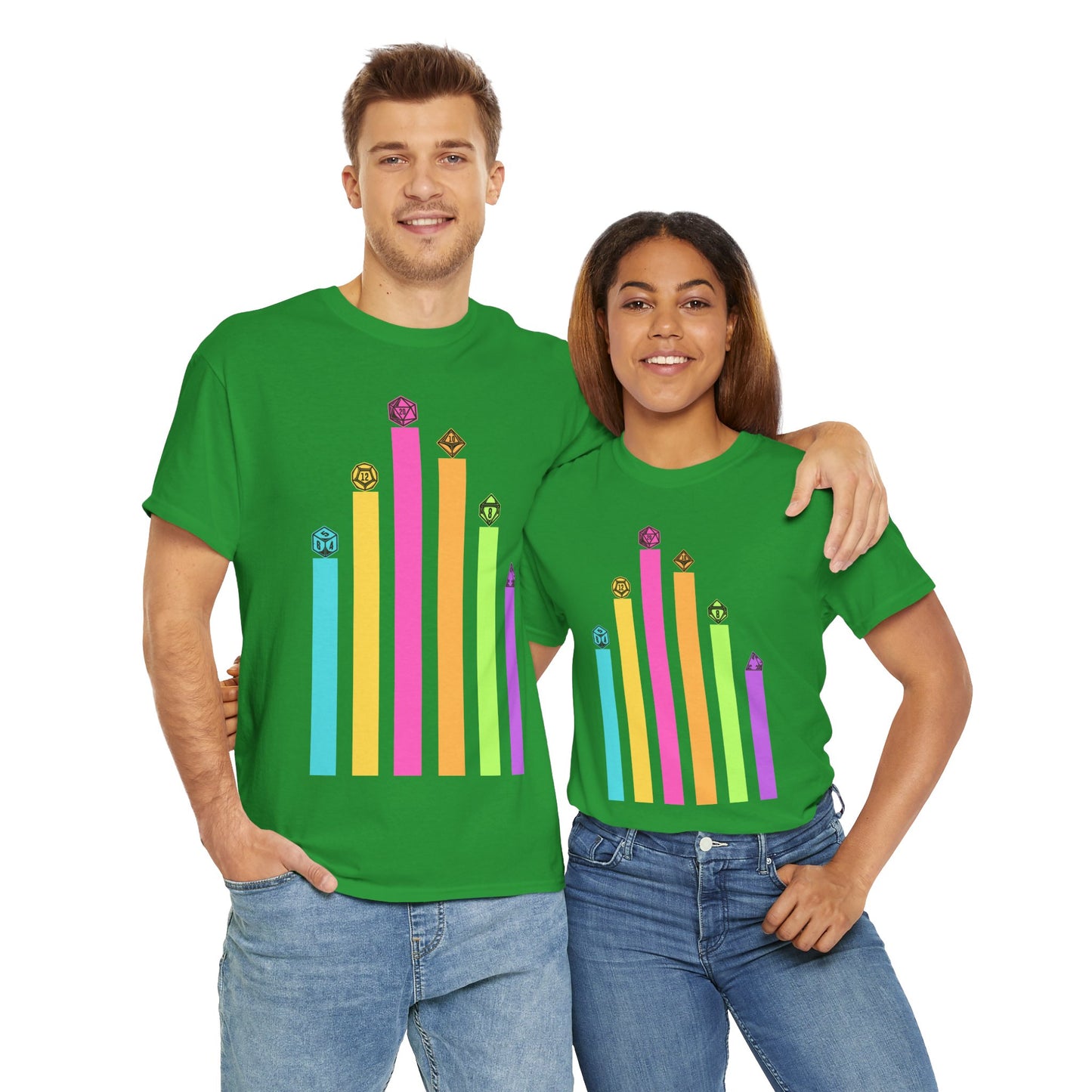 Vintage Minimalist Geeky Polyhedral Falling Retro Rainbow Dungeons and Dragons DND Unisex Heavy Cotton Tee Shirt - RPG, TTRPG, Roleplaying, Geek, Nerd