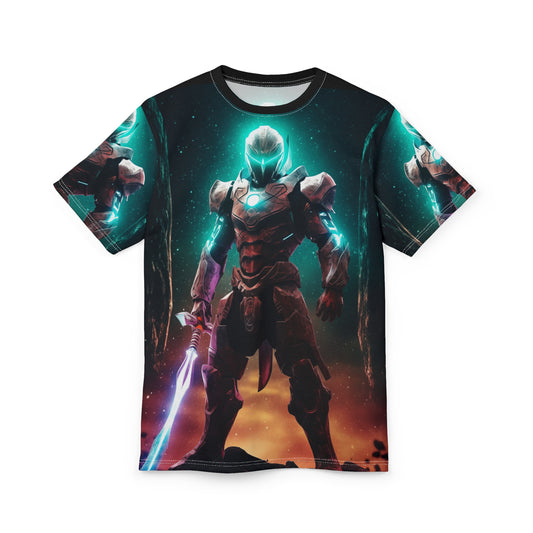 The Last Star Paladin Futuristic Sci-Fi AOP Unisex Tee – Heroic Design, Power Knight, Space Ranger, Armor, Energy Sword, Geek, Nerd