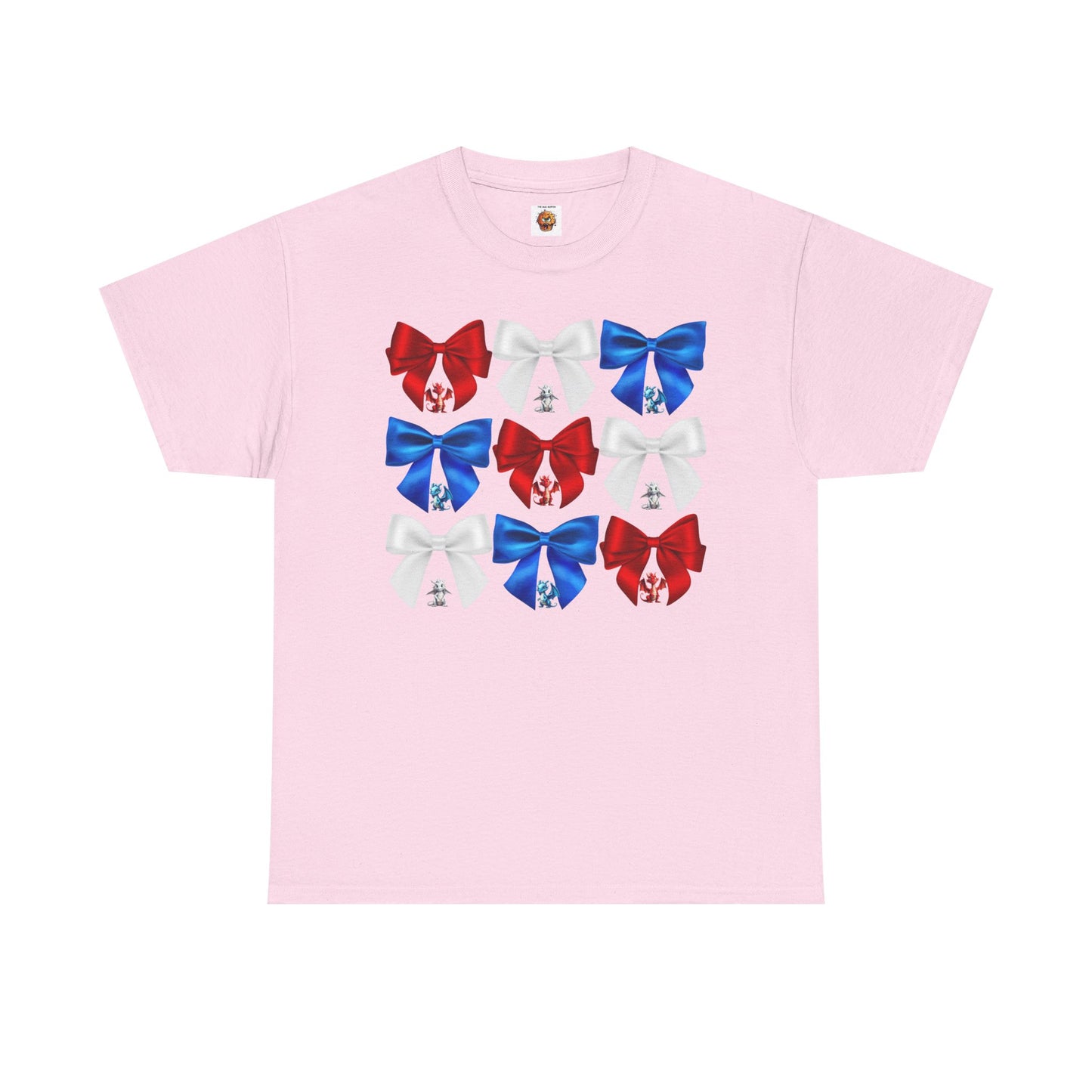 Coquette Red, White, and Blue Dragons & Bows Tee - American Flag, Perfect for Patriotic Events, Independence Day, BBQs, Family Gatherings, DND, RPG, TTRPG, Roleplaying, Geek, Nerd, 4th of July