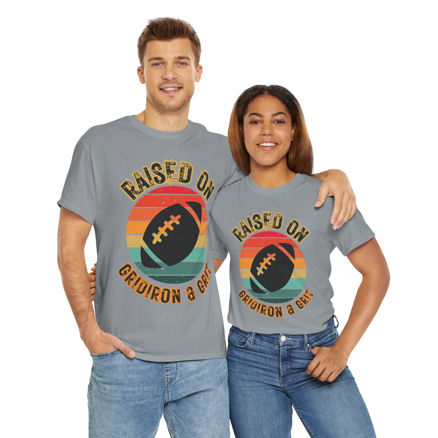 Raised On Gridiron & Grit Retro Football Inspired Unisex Heavy Cotton Tee, Sports T-Shirt, Gift for Football Fans, Trendy Casual Wear, Vintage Gridiron Style