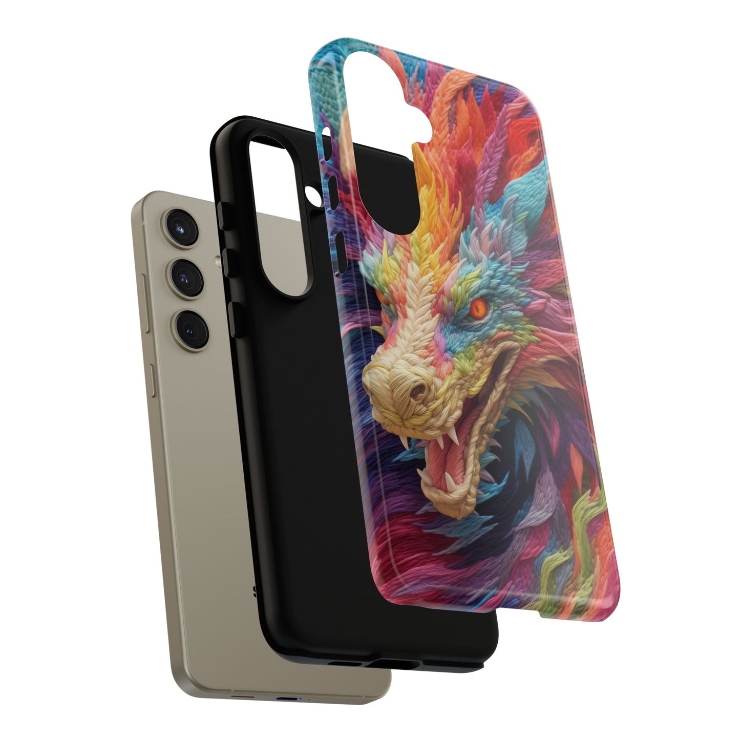 Vibrant 3D Embroidery Embroidered Rainbow Dragon Phone Case - Tough Protection for Fantasy Lovers, DND, RPG, TTRPG, Geek, Nerd