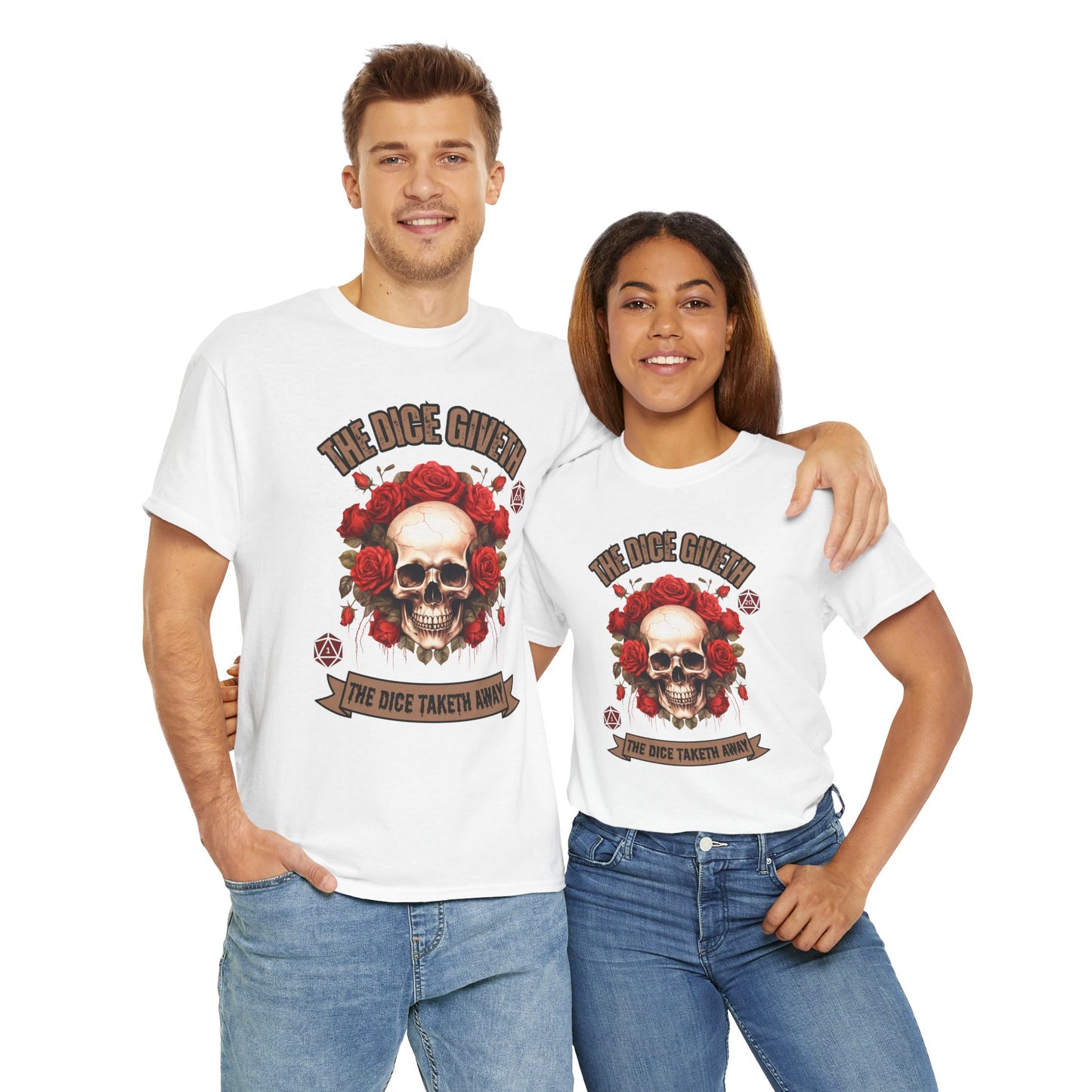 Skull & Roses 'The Dice Giveth The Dice Taketh Away' Graphic Tee, Unisex Heavy Cotton Tee, Casual Wear, Gift for Gamers, Alternative Fashion, D20, DND, RPG, TTRPG, Geek, Nerd